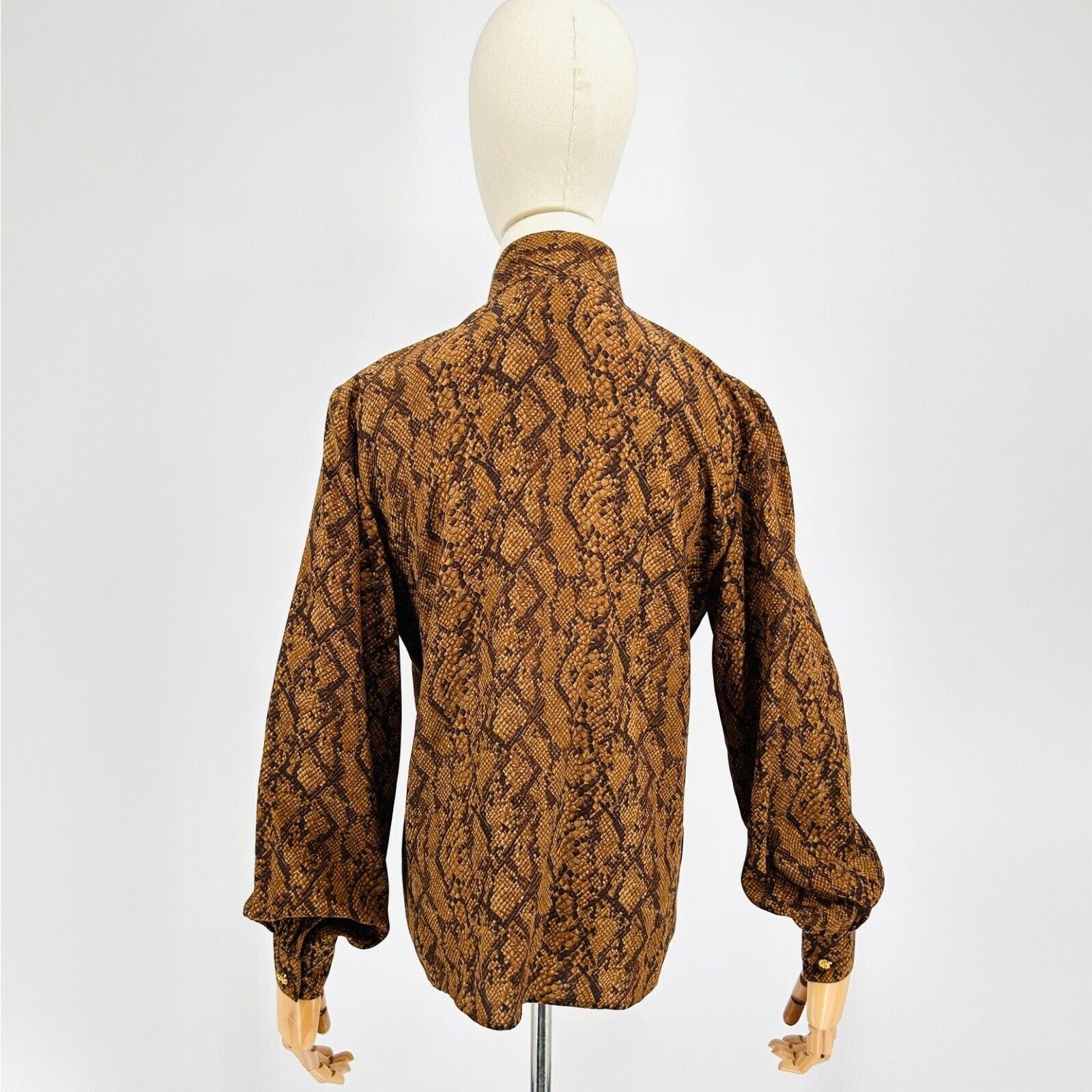 MAGGY LONDON 80s Maggy London Brown High Neck SnakeSkin 100% SILK Blouse Size S / US 4 / IT 40 - 5 Thumbnail
