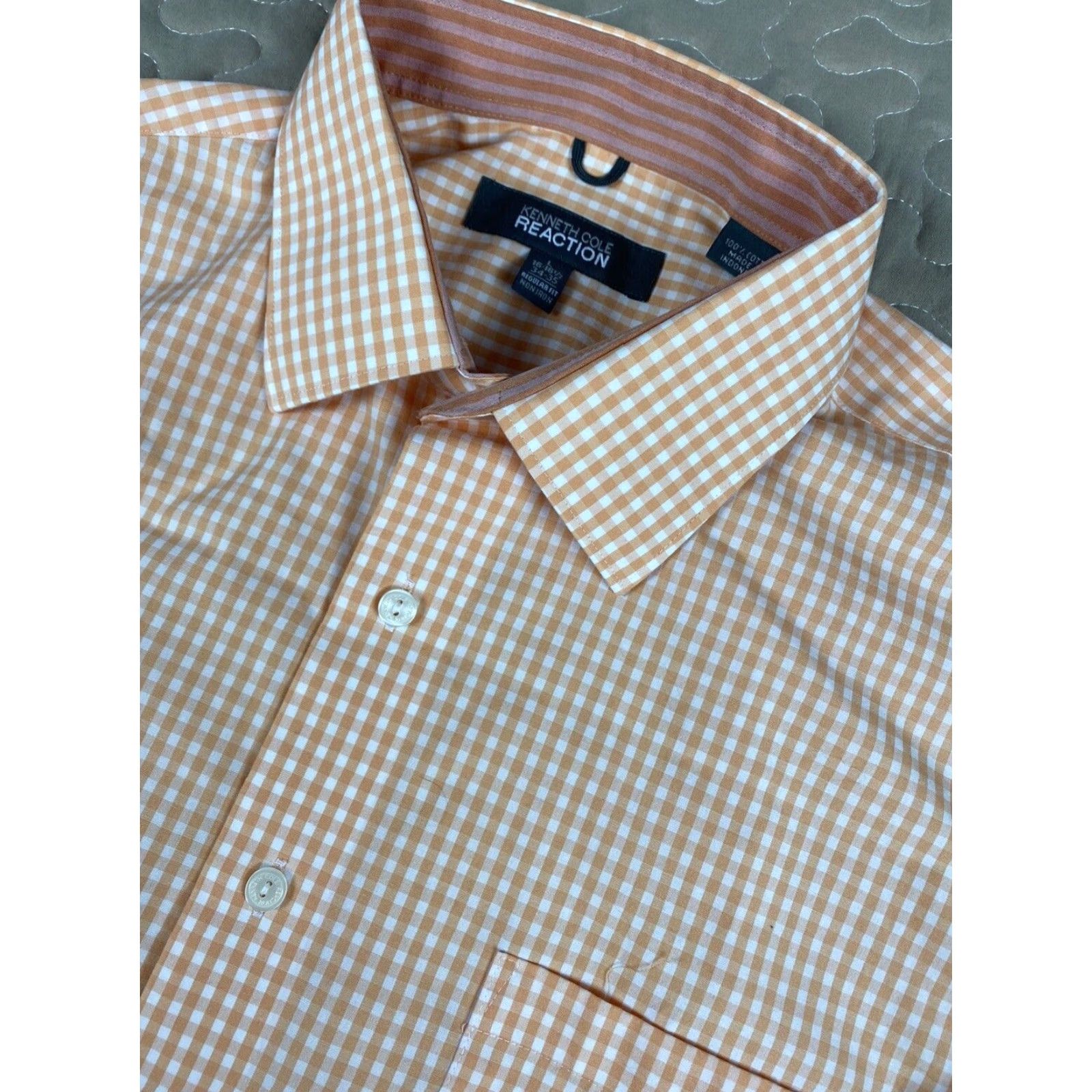 Kenneth Cole KENNETH COLE REACTION Dress Shirt Non-Iron Orange Checkered L 16.5 34/35 Mens Size 42R - 3 Thumbnail