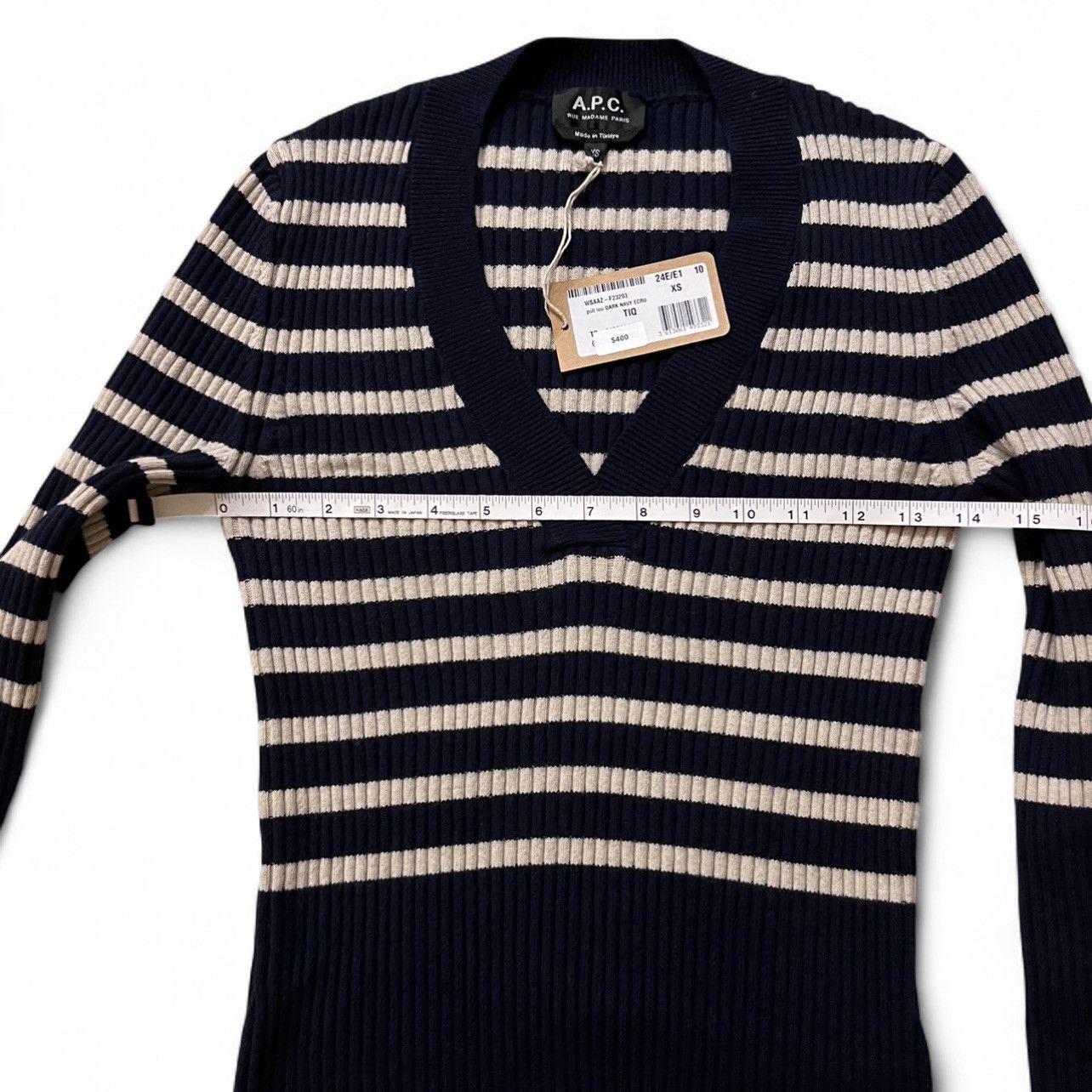 A.P.C. A.P.C. Women's V-Neck Sweater in Dark Navy and Ecru Stripes Size XS / US 0-2 / IT 36-38 - 8 Thumbnail