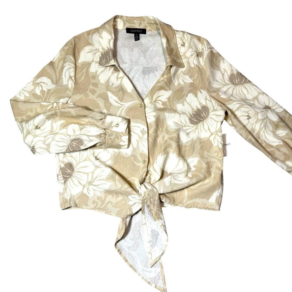 Ellen Tracy NWT New $89 Ellen Tracy Linen Blend Beige Floral Tie Front Size M / US 6-8 / IT 42-44 - 5 Thumbnail