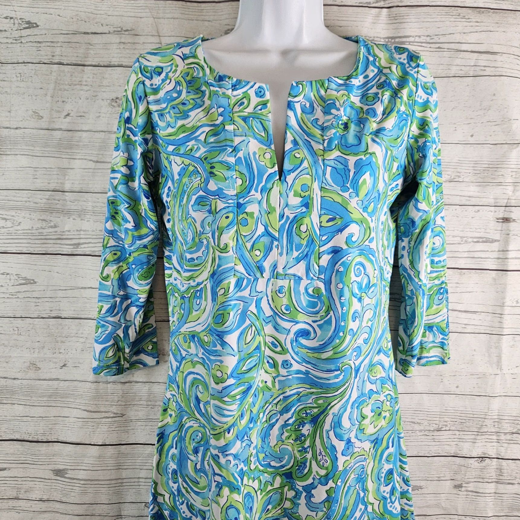 Vintage Barbara Gerwit Womens Dress XS 3/4 Sleeve Floral Blue Green Shift Size XS / US 0-2 / IT 36-38 - 2 Thumbnail