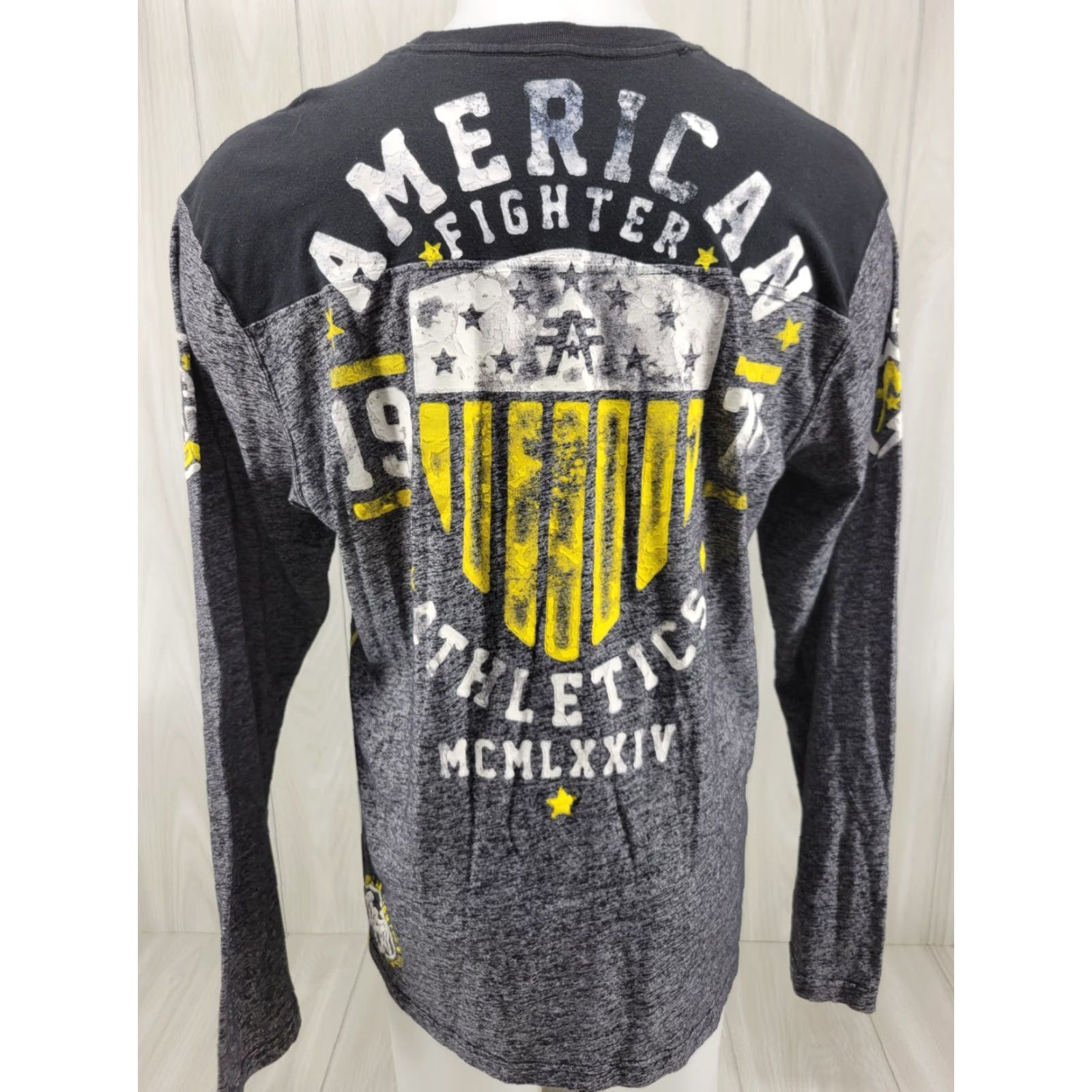 Vintage American Fighter Shirt Long Sleeve Mens XL Gray Yellow MMA Y2kXS? Size US XL / EU 56 / 4 - 7 Thumbnail