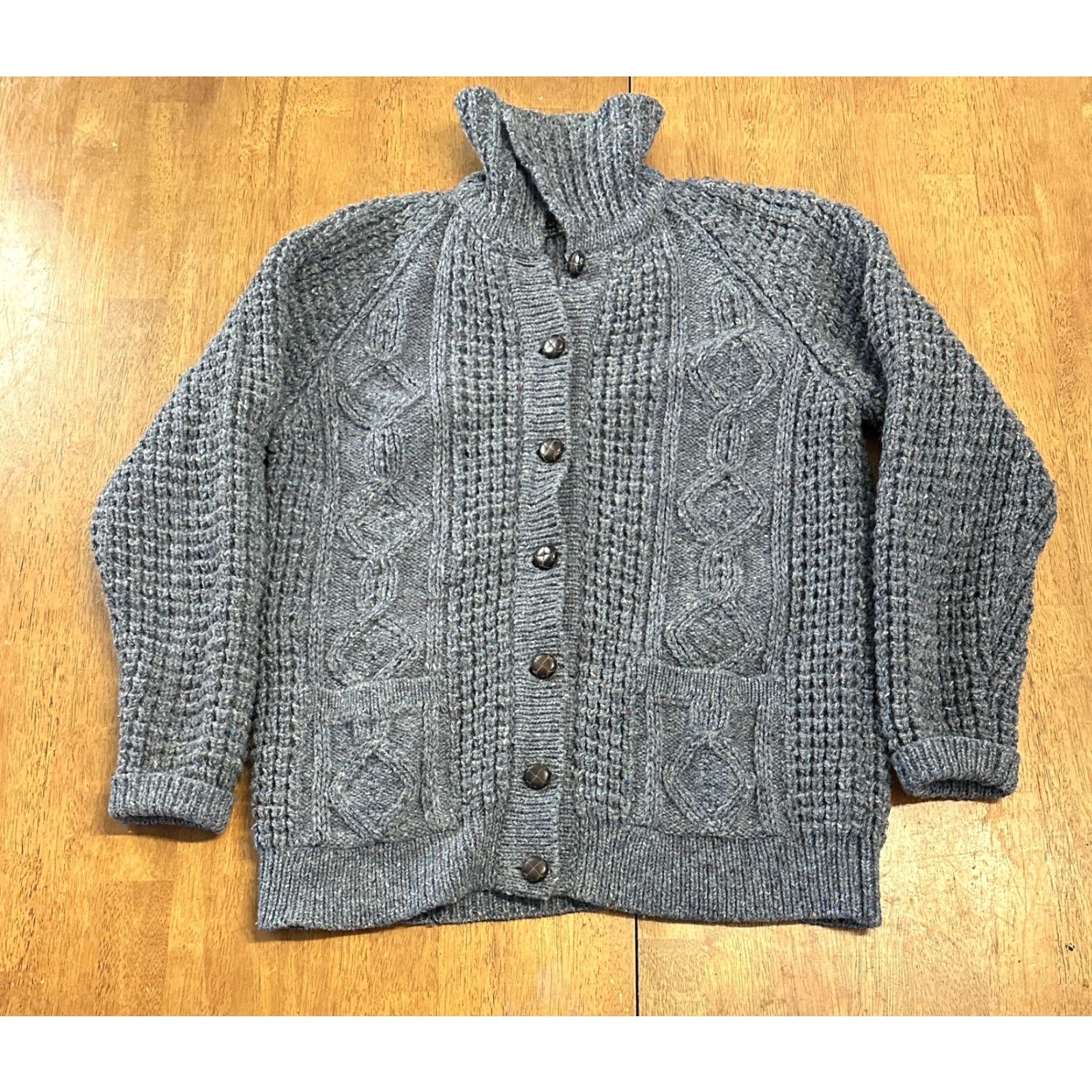 VINTAGE Cornel Cardigan Sweater Women L Wool Blue Chunky-Knit Fisherman Looked In Donegal - 45?