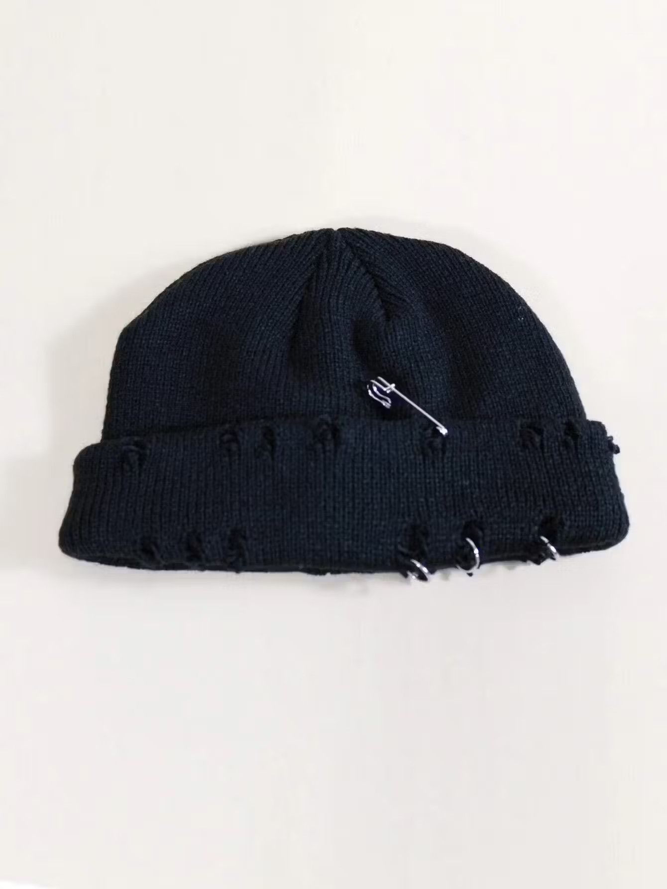 image of Vintage Distressed Beanie in Black, Men's