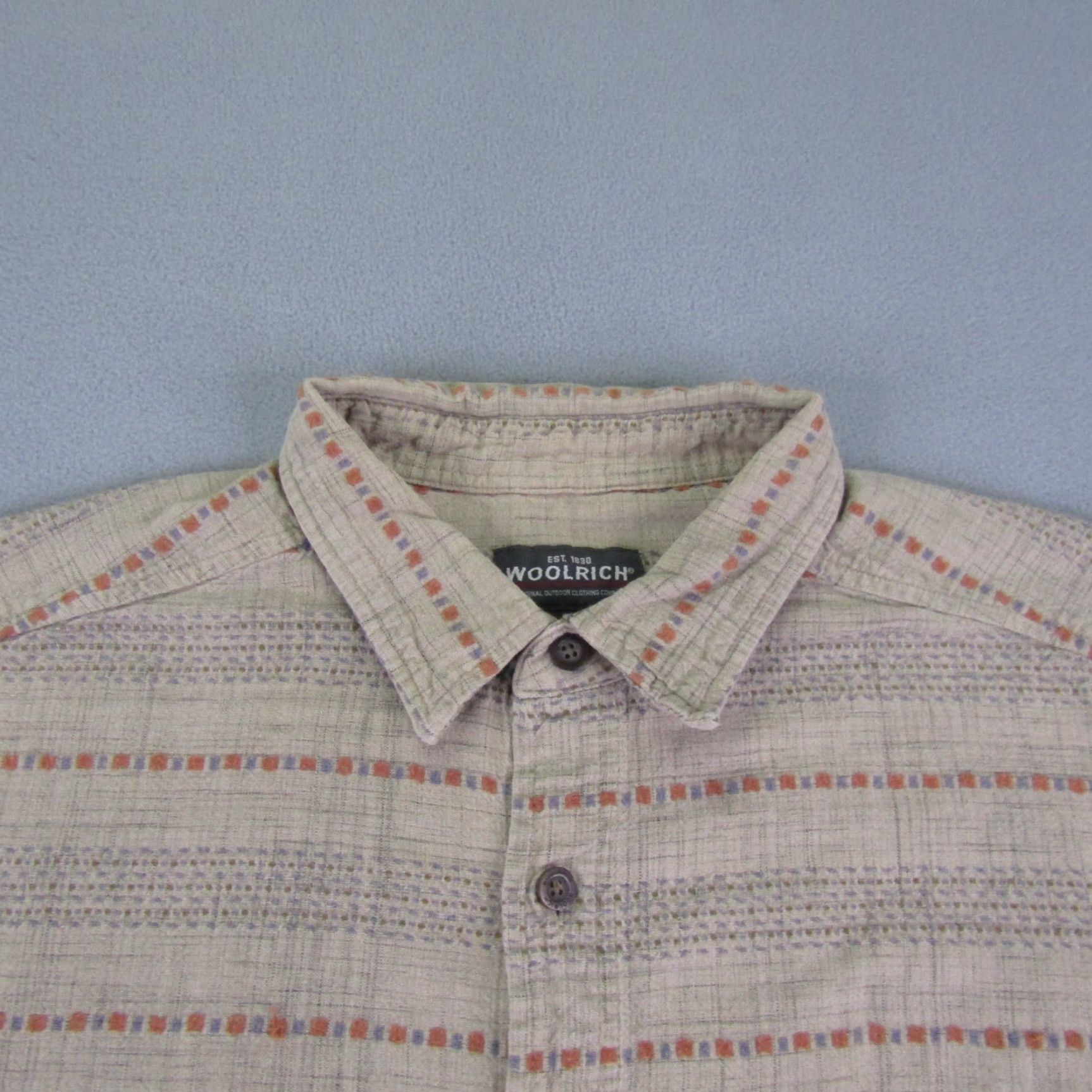 Vintage Woolrich Shirt Button-Up Men XL Beige Striped Cotton Woven Short Sleeve Collared Work Outdoors Size US XL / EU 56 / 4 - 2 Thumbnail