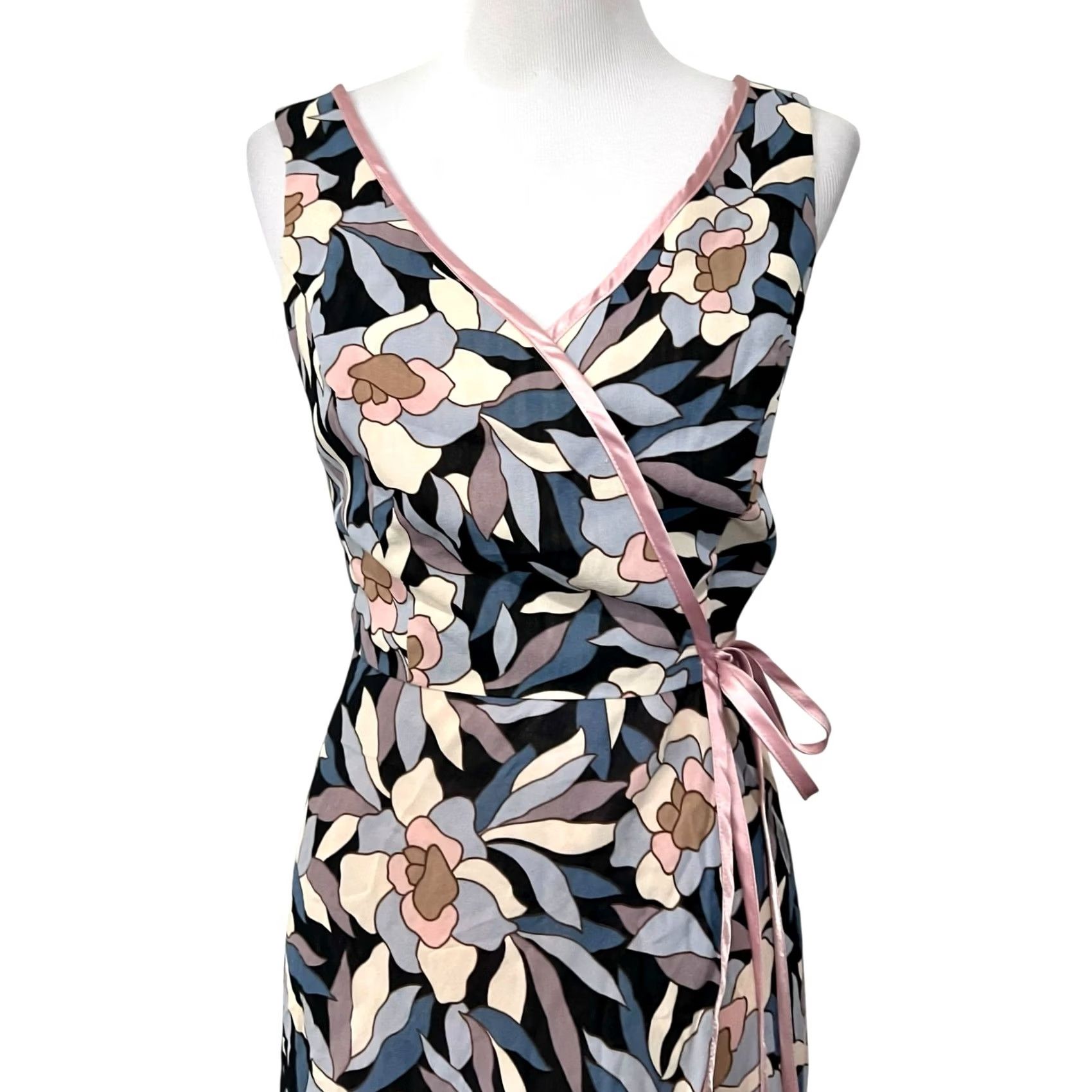 Vintage Vintage Moods Floral Wrap Dress Sleeveless Midi Pink Blue Crepe Size 4 Lined Womens Size S / US 4 / IT 40 - 2 Thumbnail
