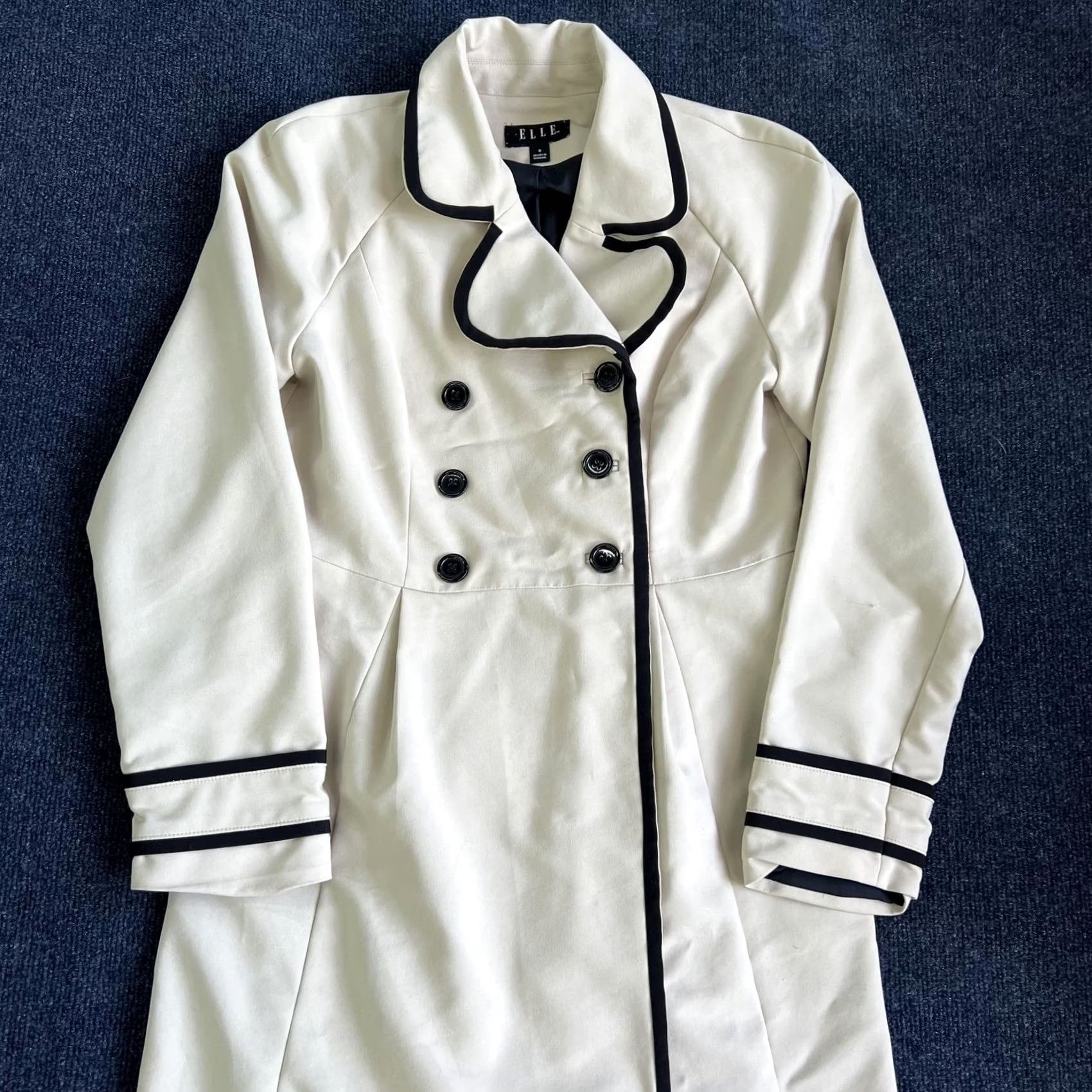 Vintage ELLE Coat Womens 8 Beige Cotton Blend Double Breasted Trench Contrast Piping Coat for Women Size M / US 6-8 / IT 42-44 - 2 Thumbnail