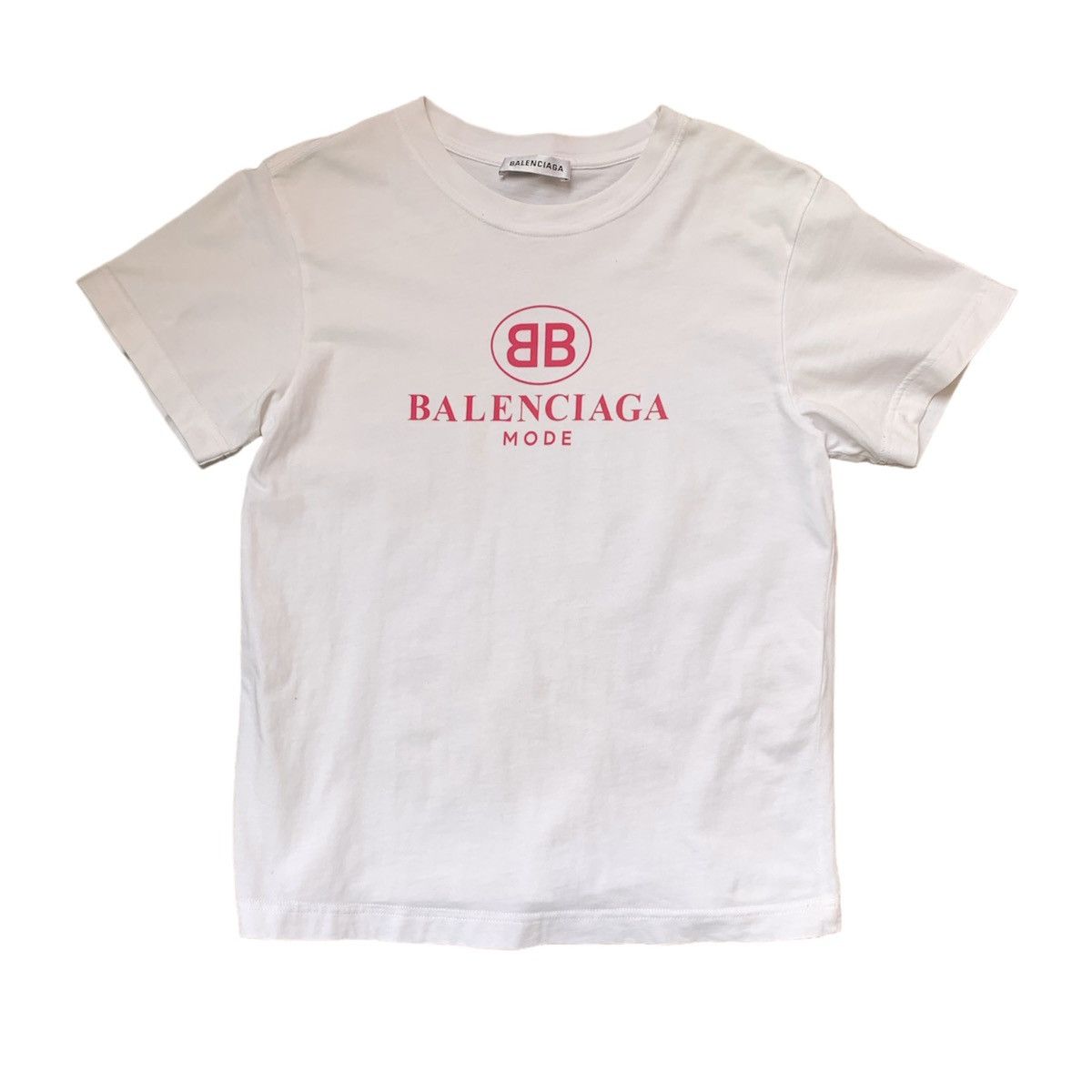 image of Balenciaga Mode Pink Logo Made In Portugal T-Shirt in White, Women's (Size Medium)