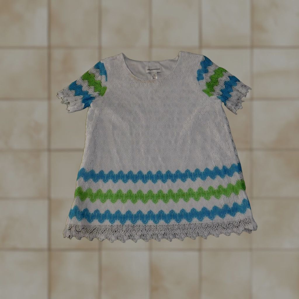 Vintage Alfred Dunner Top Womens S White Blue Green Lace Tunic Short Sleeve Lined Blouse Socop Neck Pattern Striped Size S / US 4 / IT 40 - 1 Thumbnail