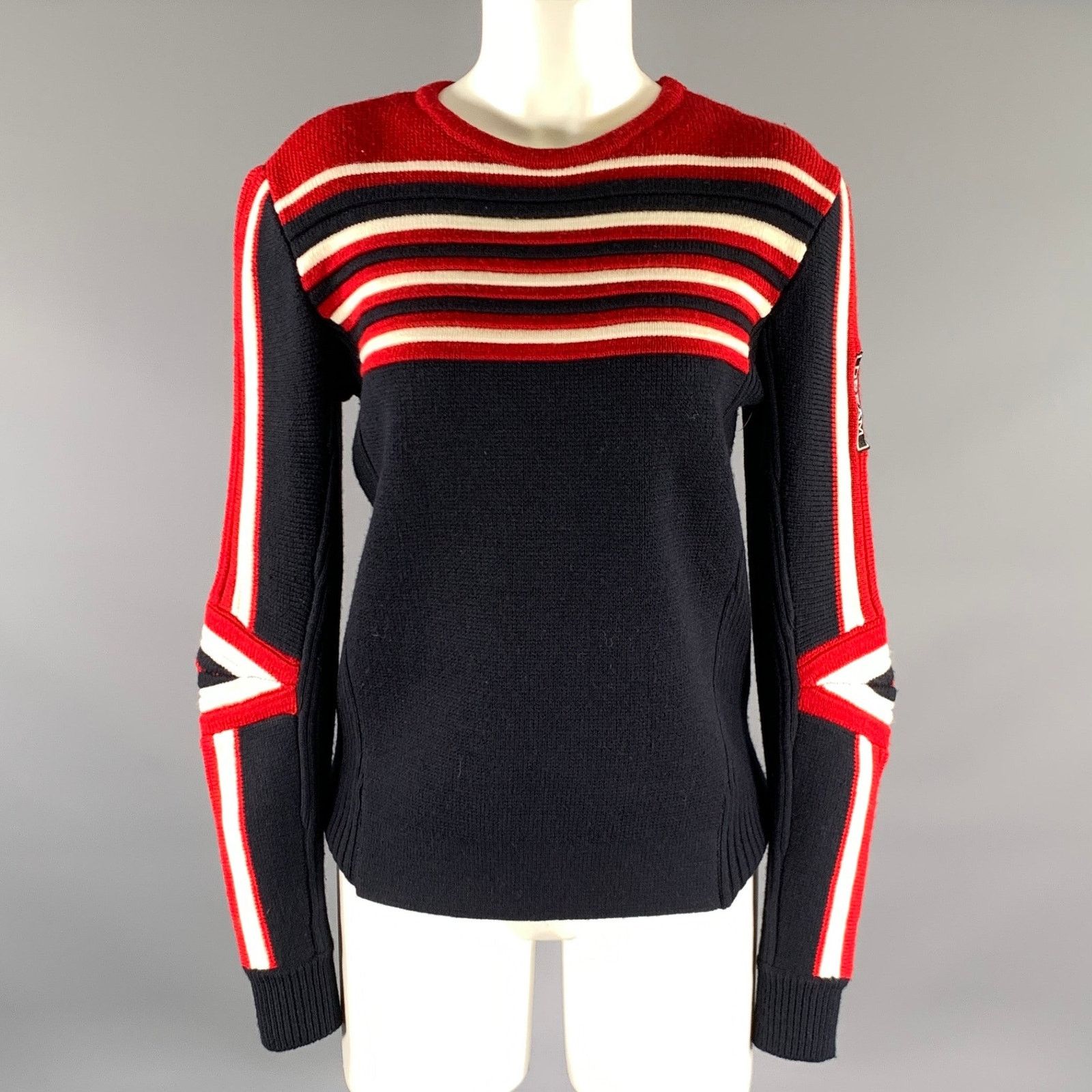 Maje MAJE Size S Navy Red Wool Blend Stripe Crew-Neck Sweater Size S / US 4 / IT 40 - 1 Thumbnail