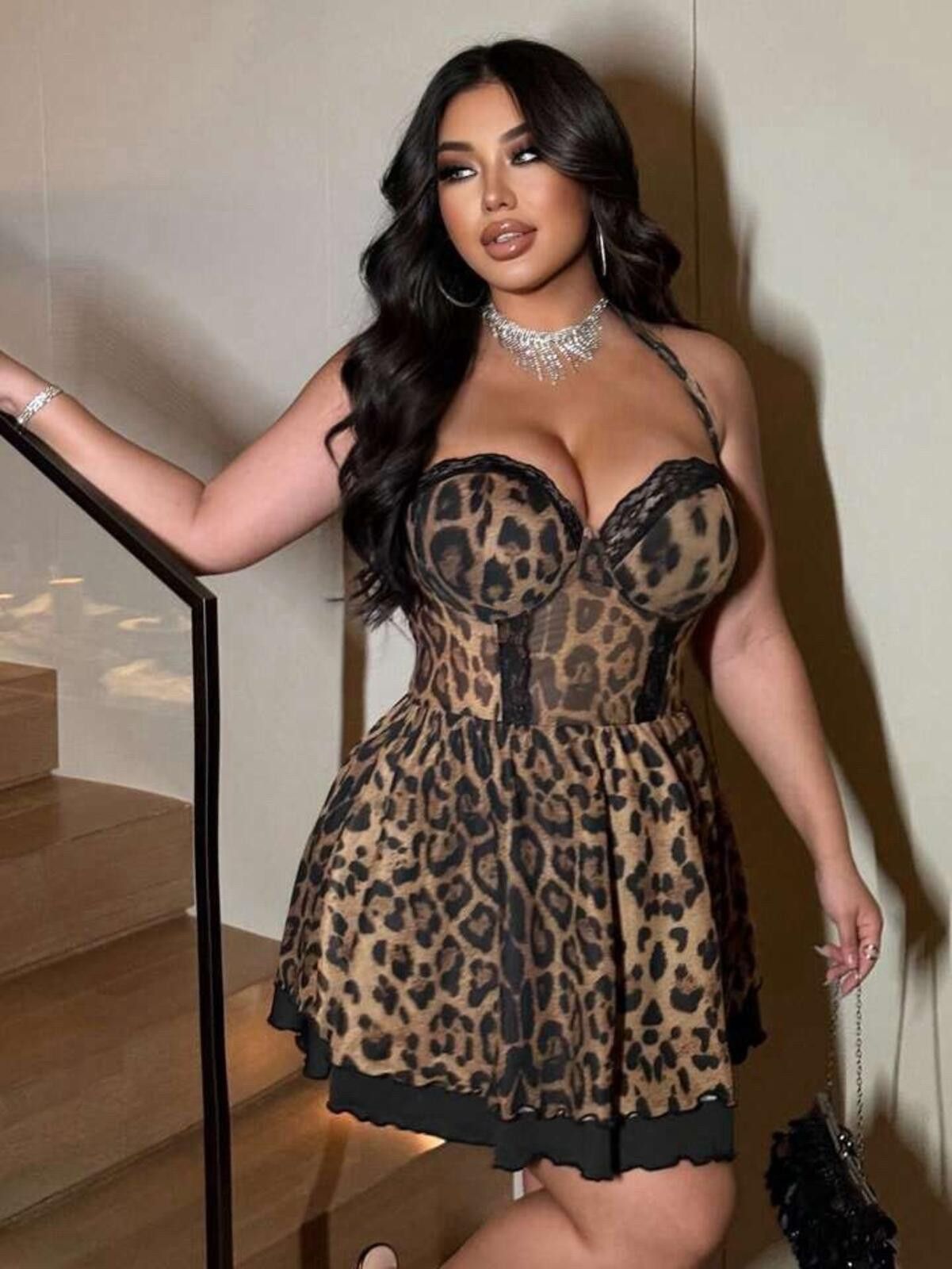 The Unbranded Brand women Leopard Lace Patchwork A-Line Hem Mini Dress Size 1XL Size XL / US 12-14 / IT 48-50 - 3 Thumbnail