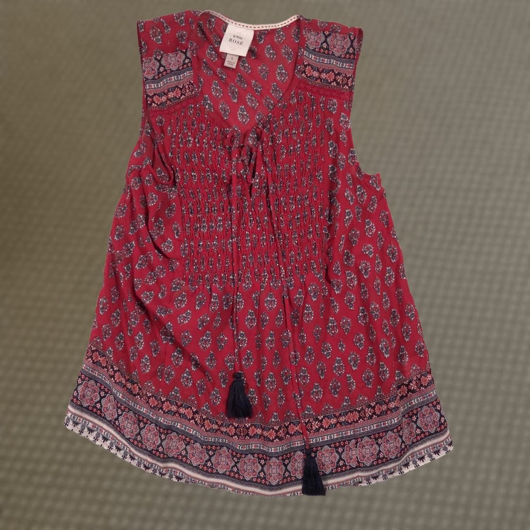 Vintage Knox Rose Blouse Womens Small Red Floral Smocked Tassel Sleeveless Tunic Top Size S / US 4 / IT 40 - 1 Thumbnail
