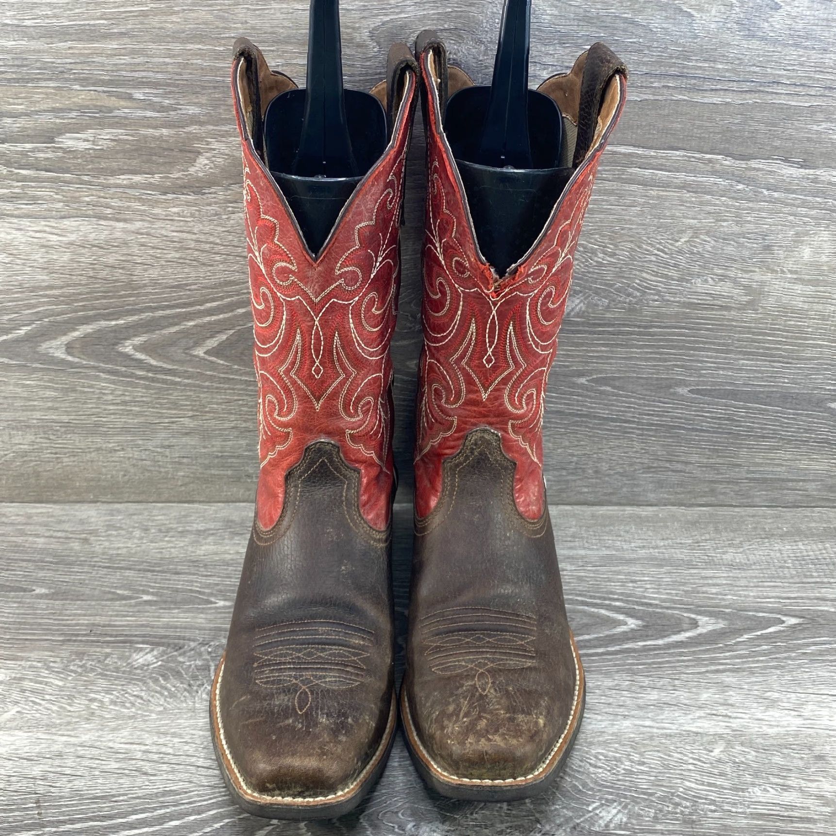 Ariat Ariat Ladies 9.5 B Cowboy Round Up Square Toe Brown & Red Leather Western Boots Size US 7 / IT 37 - 3 Thumbnail