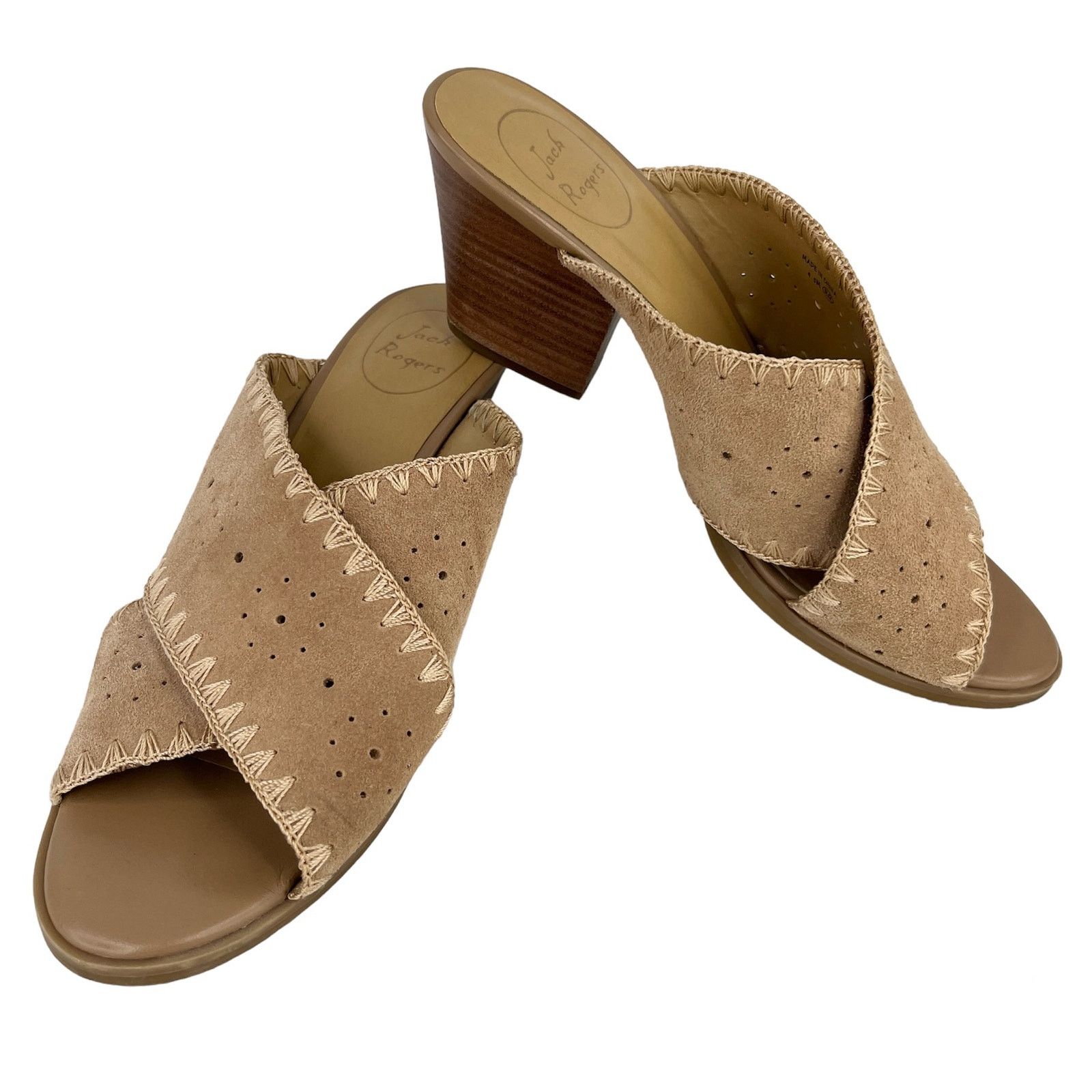 Jack Rogers Blakely Oak Suede 3" Block Heel Shoes Sandals 9.5M Tan in Brown, Women's