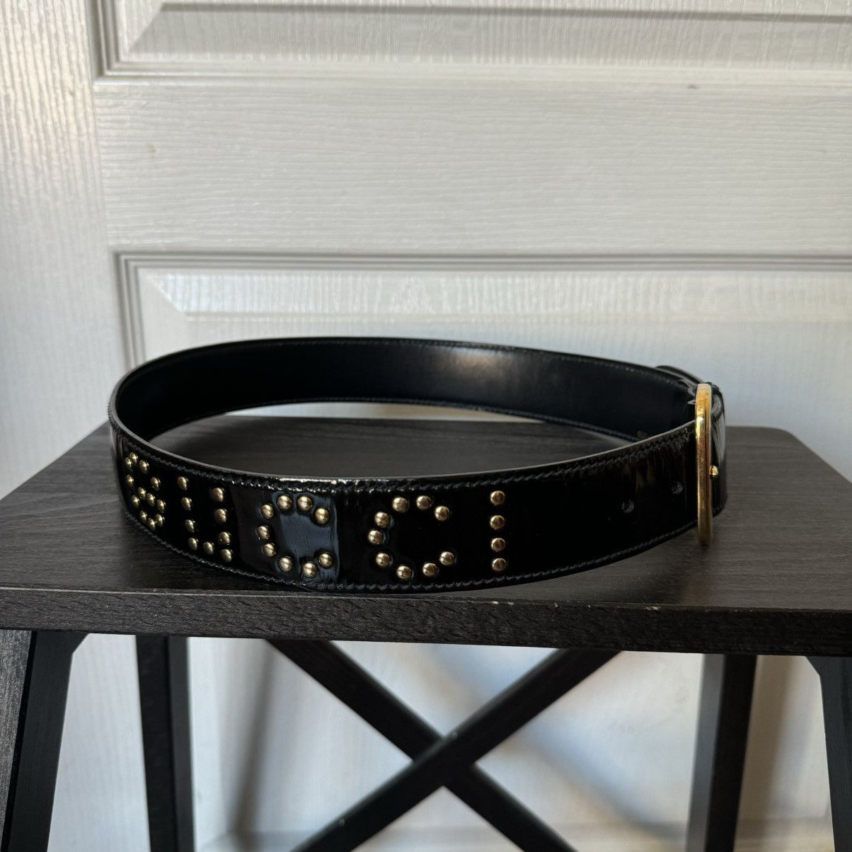 Gucci Gucci Vintage Black Patent Leather Studded Logo Belt Size ONE SIZE - 1 Thumbnail
