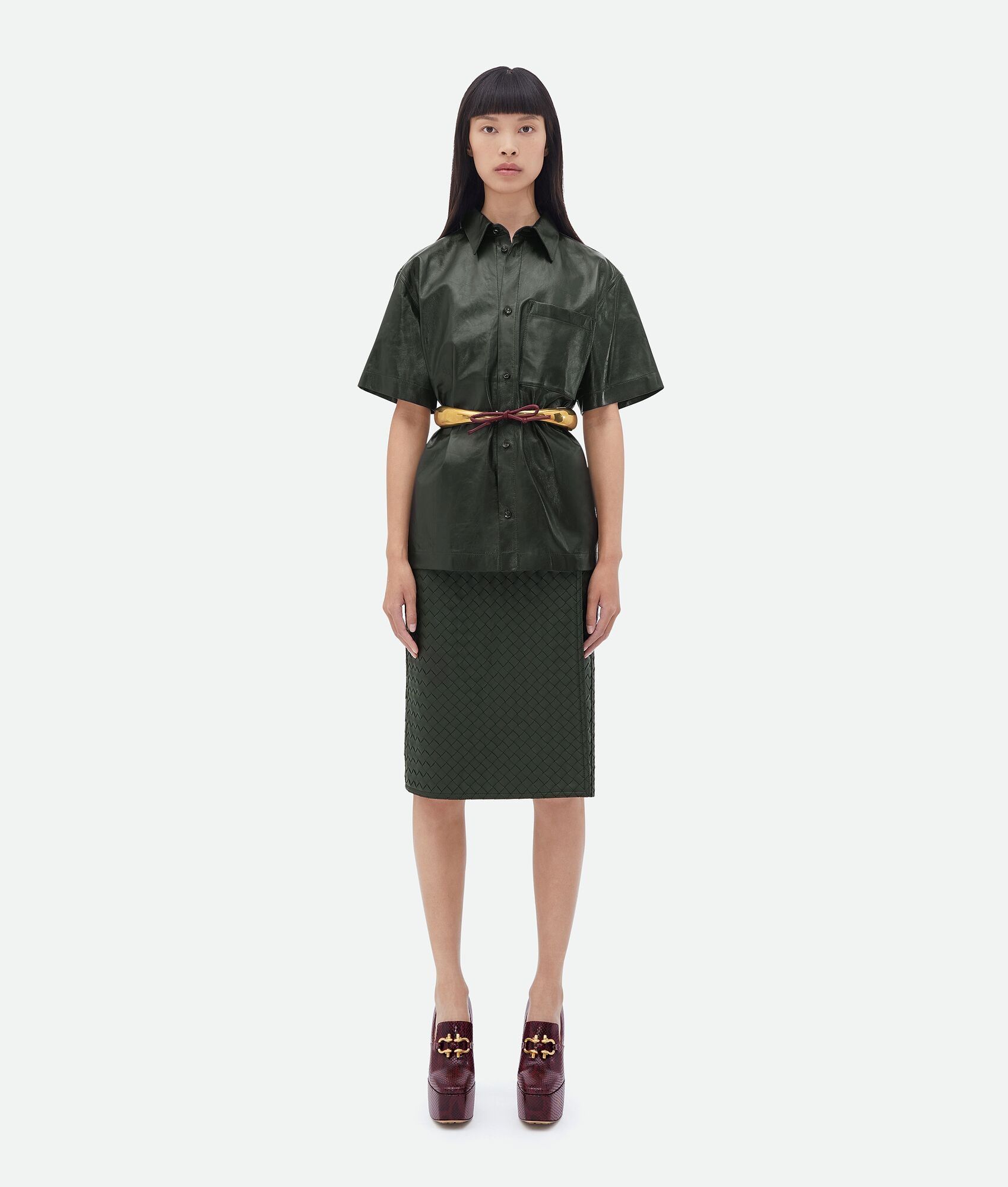 Bottega Veneta o1n1vont0525 Shiny Leather Shirt in Dark Green Size XS / US 0-2 / IT 36-38 - 4 Thumbnail