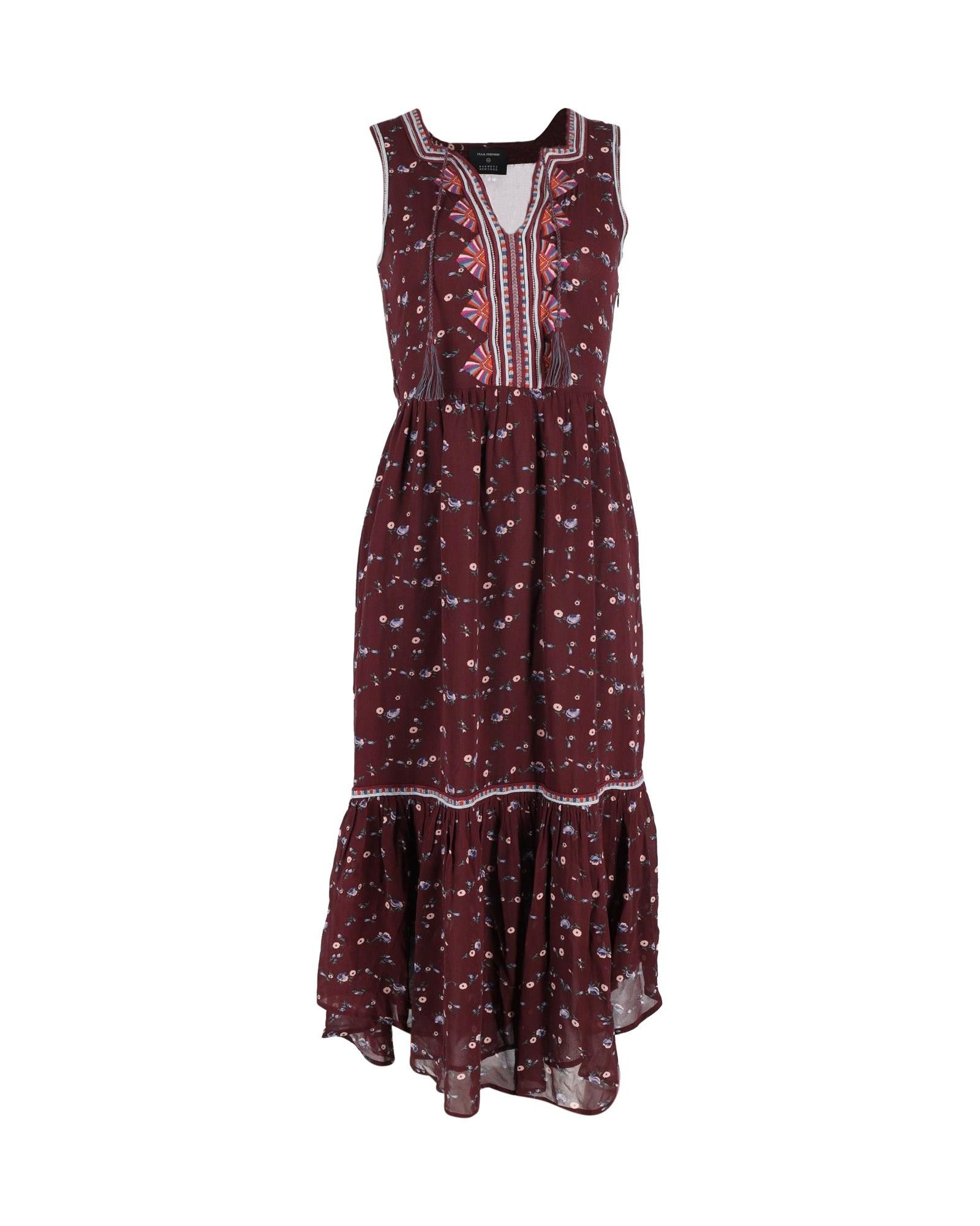 image of Burgundy Silk Floral Midi Dress With V-Neckline And Gathered Waist By Ulla Johnson, Women's (Size X