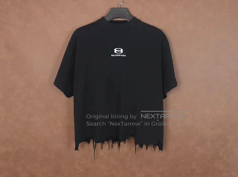 Balenciaga Black Distressed Hem Double Ring Short Sleeve T