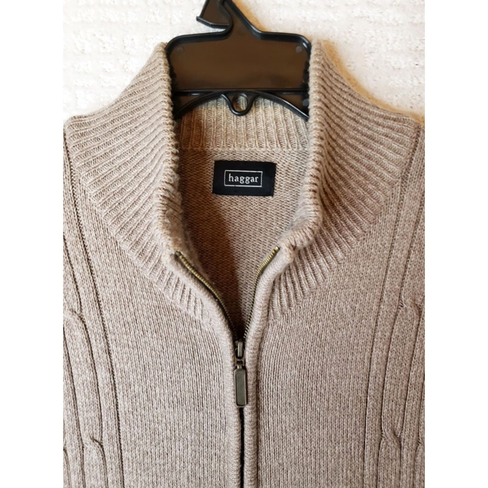 Haggar Haggar Men L Khaki Beige Full Zip Mock Neck Cable Knit Sweater Very Nice! Size US L / EU 52-54 / 3 - 4 Thumbnail