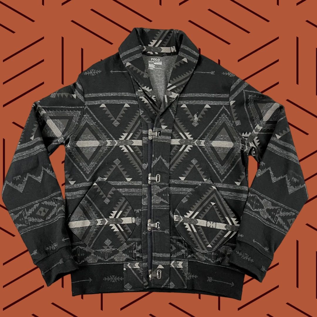 POLO RALPH LAUREN Sweater Mens Medium Gray Black Aztec Shawl Performance Shirt