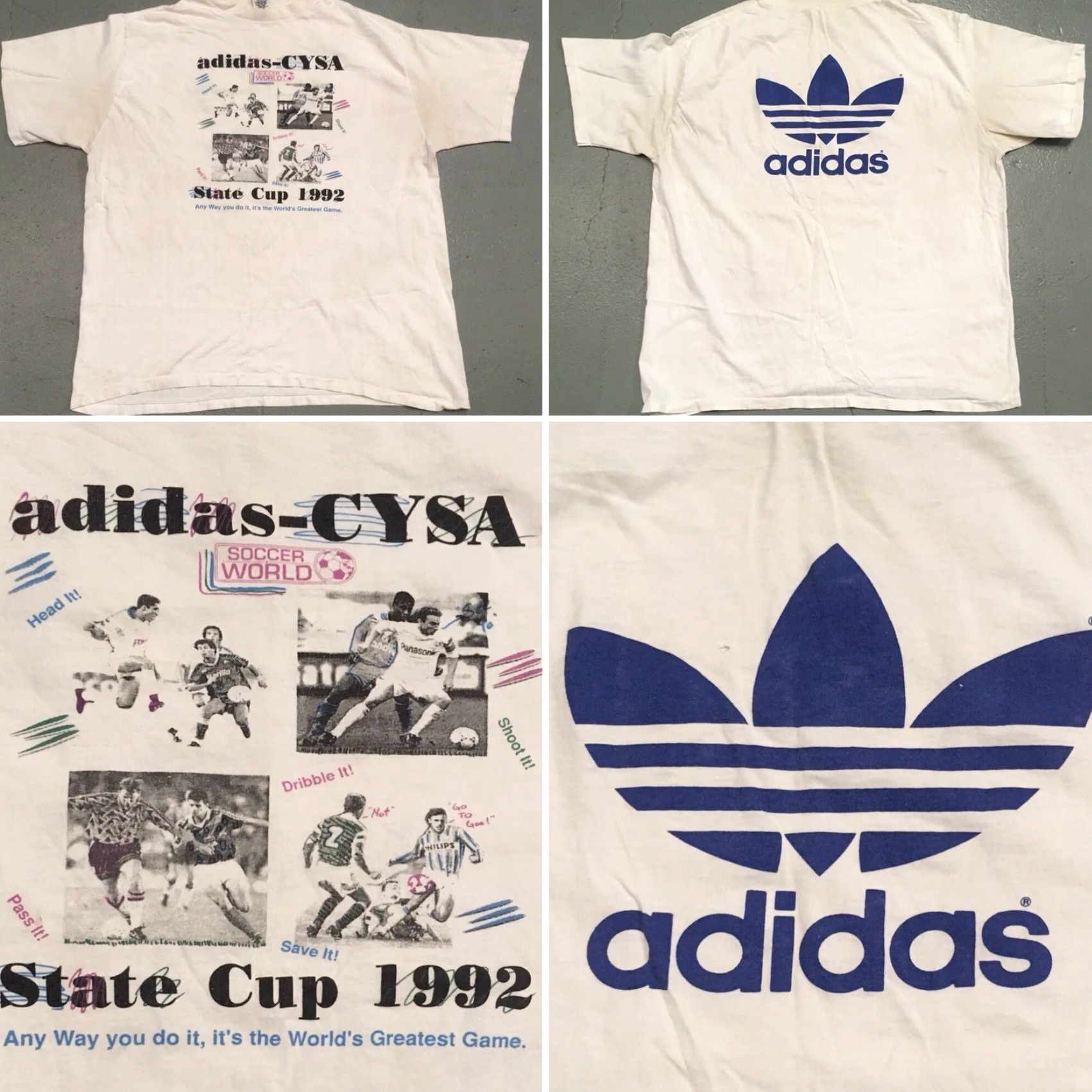 Adidas VINTAGE adidas CYSA Soccer World Cup State Cup 1992 T-Shirt XL Men White 1990s Sportswear Graphic Tee Size US XL / EU 56 / 4 - 7 Thumbnail
