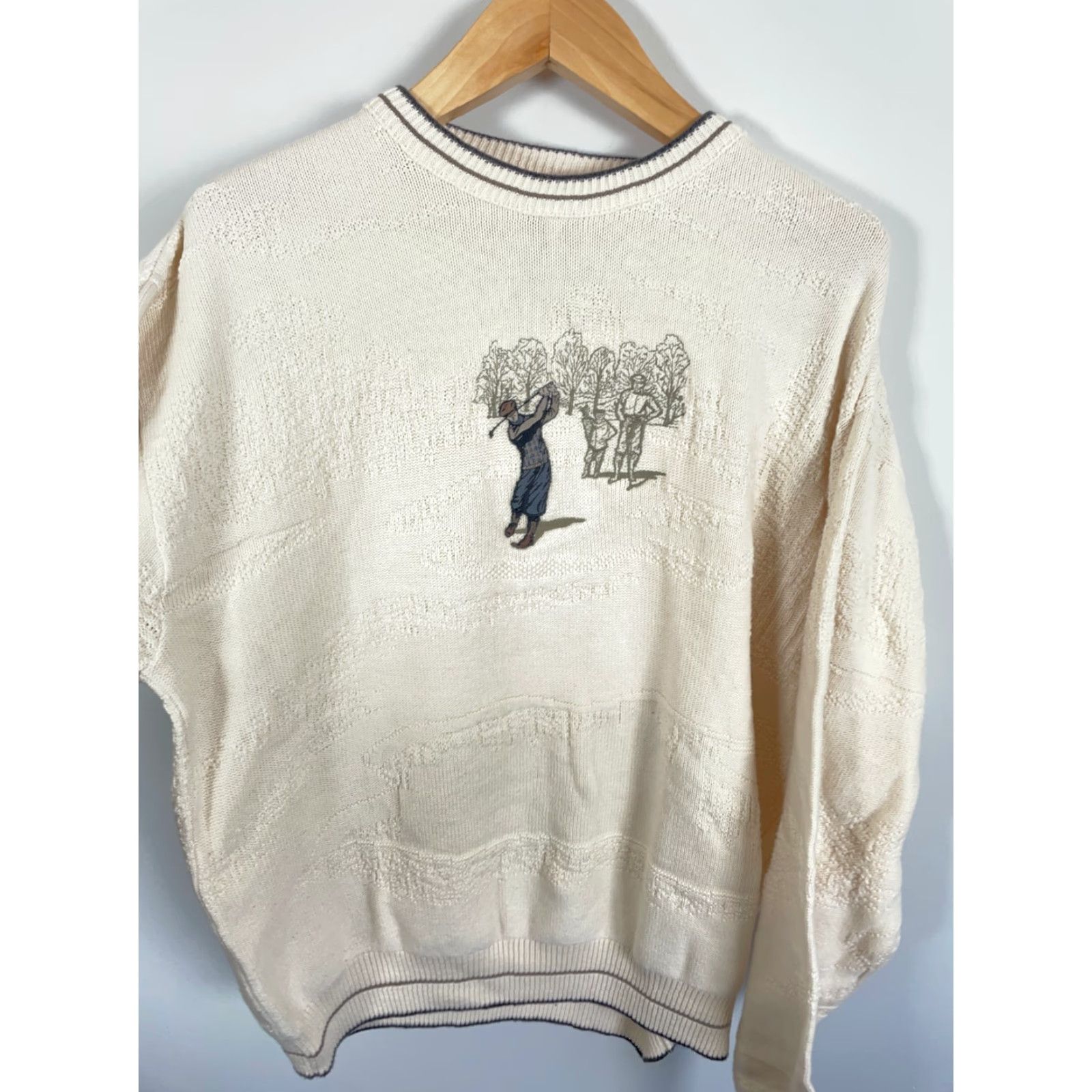 Vintage VINTAGE 90s Golf Motif Sweater Trader Bay Men Large Ivory Embroidered Knit Cotton Textured Crew Neck Pullover Casual Adults Mens Size US L / EU 52-54 / 3 - 7 Thumbnail