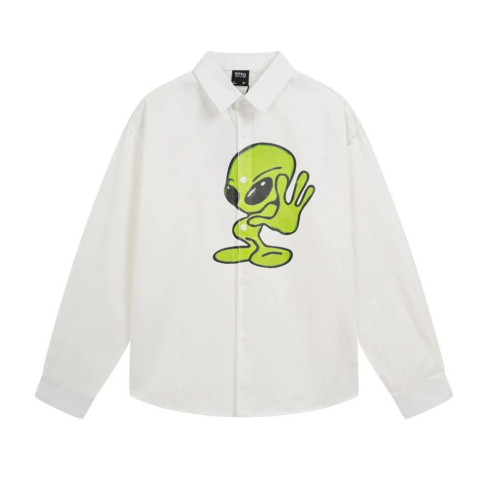 Vintage Men's loose cartoon alien print casual long-sleeved shirt Size US M / EU 48-50 / 2 - 1 Thumbnail