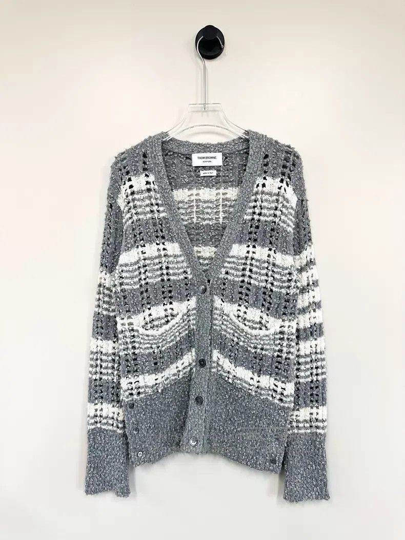 Thom Browne Thom Browne Gray and White Striped Knit Open Cardigan Size US XXS / EU 40 - 1 Thumbnail