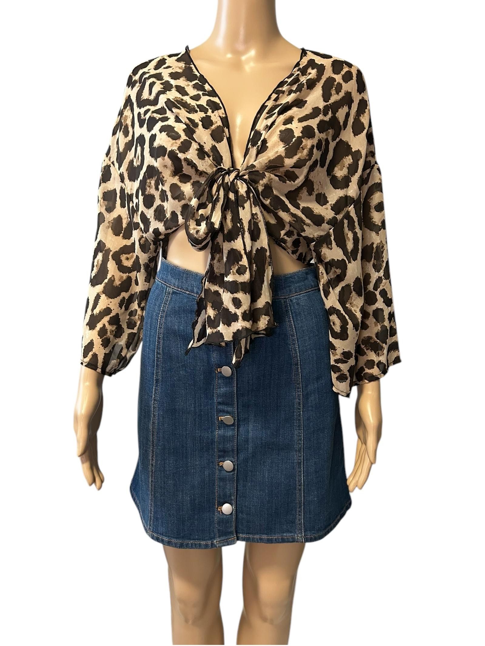 Designer Chic Leopard Wrap Top with Denim Skirt Size L / US 10 / IT 46 - 2 Thumbnail