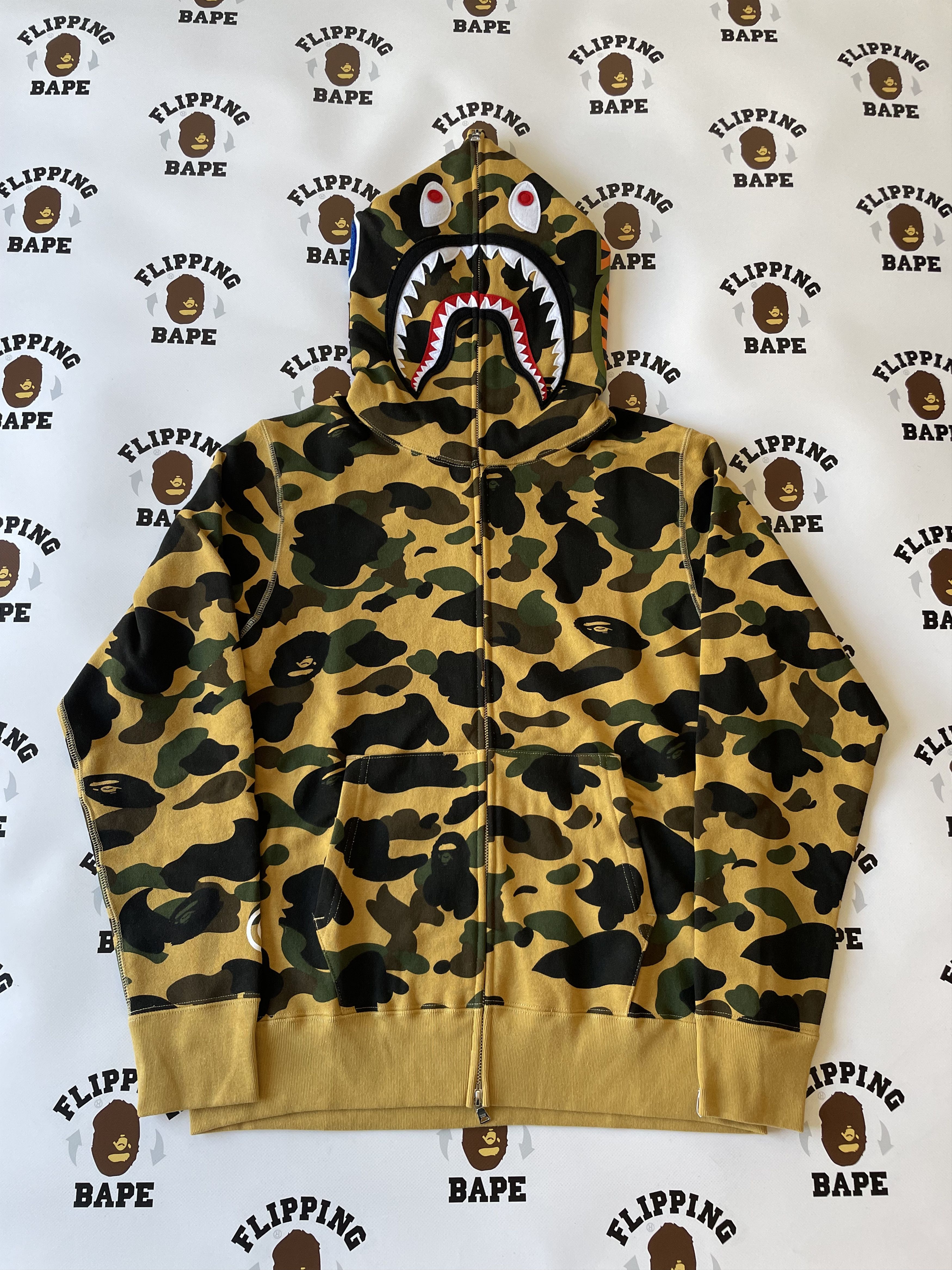 Image of Bape 1St Camo Shark Full Zip Hoodie (2023) in Yellow, Men's (Size 2XL)