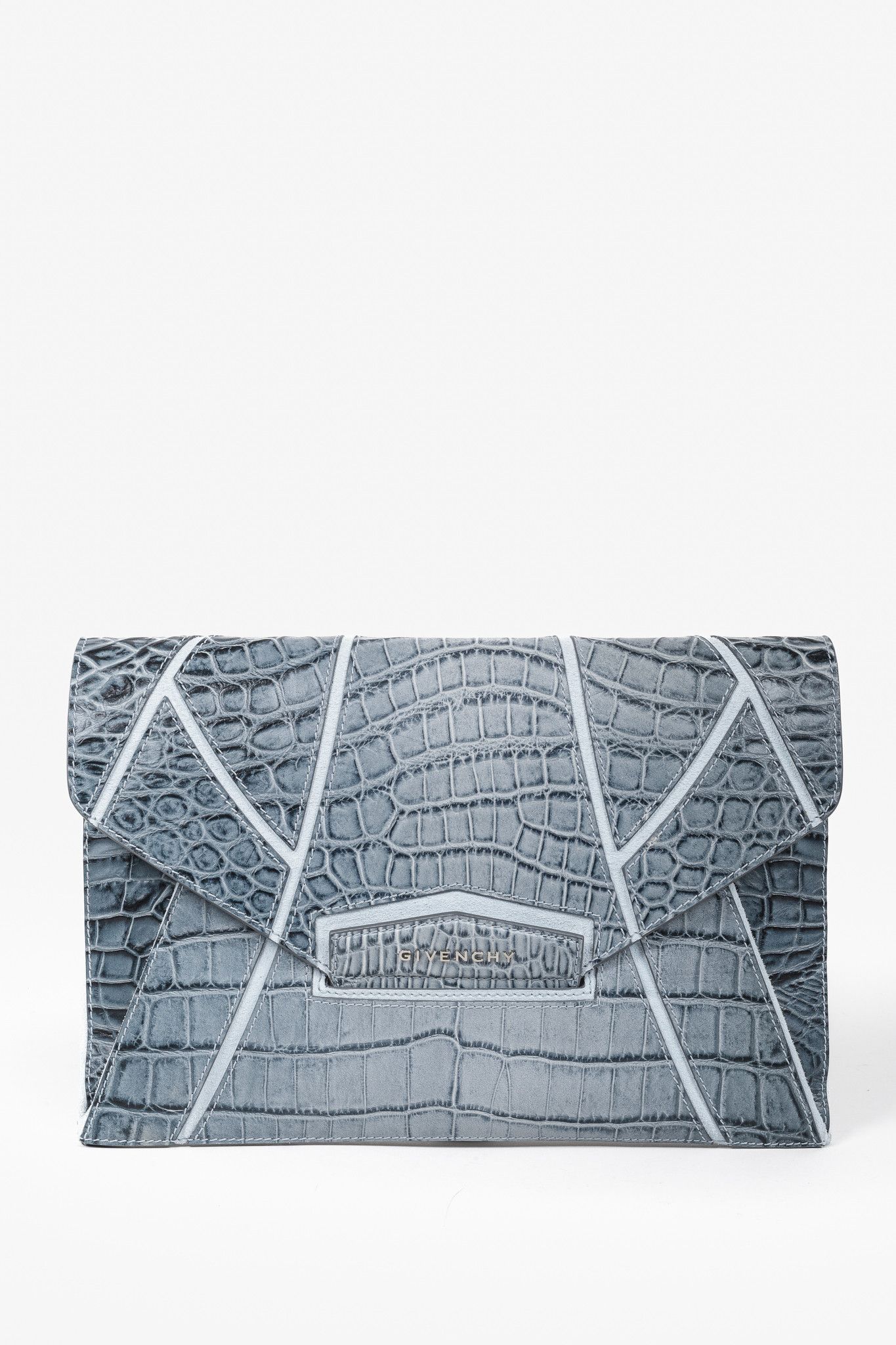 image of Givenchy Aqua Blue Crocodile Embossed Antigona Clutch, Women's