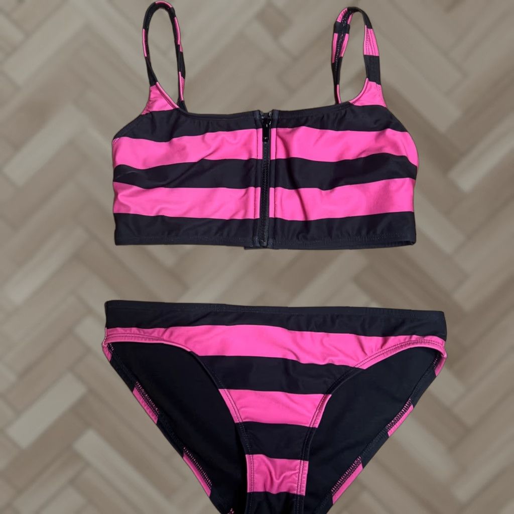 Michael Kors Michael Kors Womens Zip-Front Bikini Top Pink Stripe Large Plus Bottoms Size L / US 10 / IT 46 - 1 Thumbnail