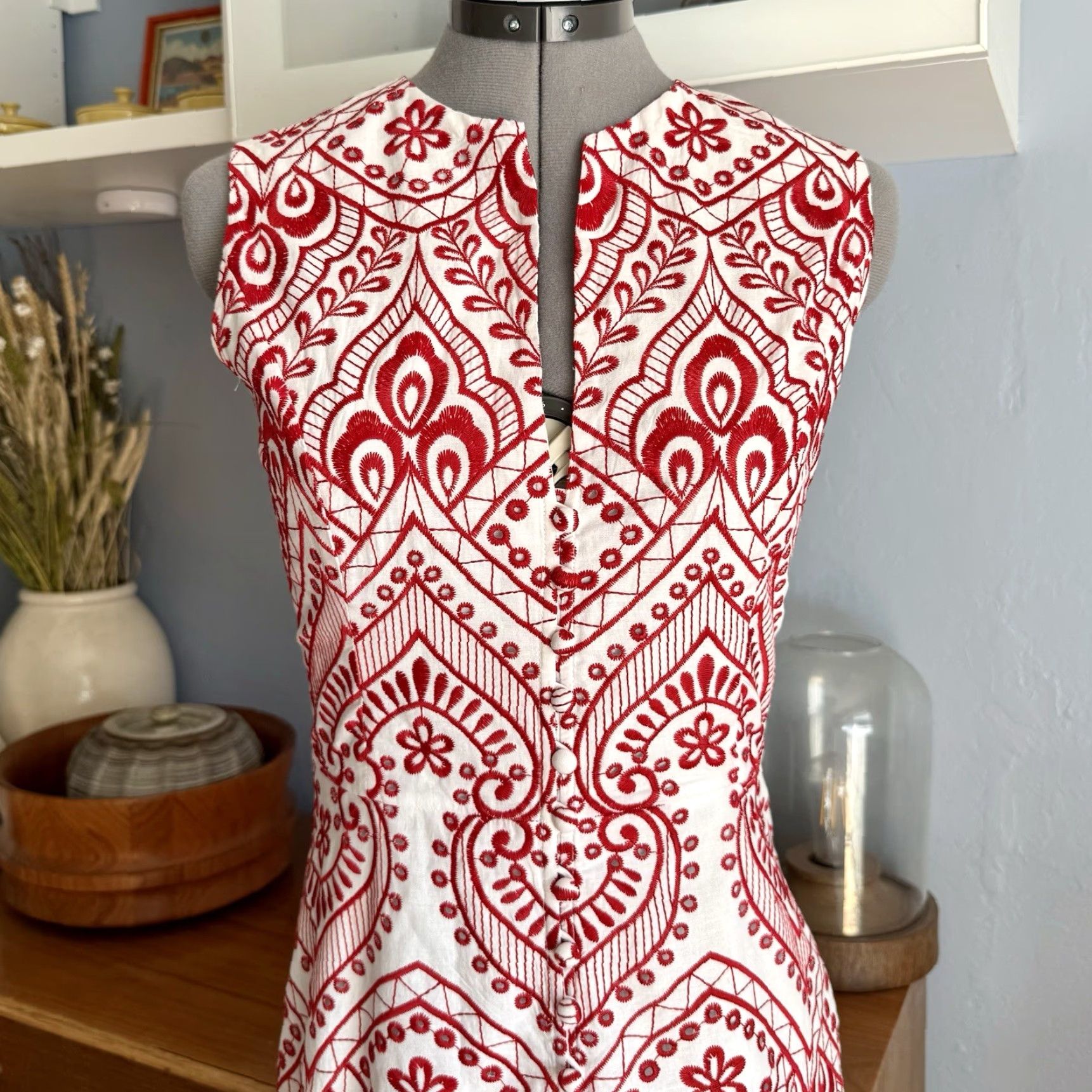 Vintage VINTAGE Evi Grintela Carine Sleeveless Embroidered Midi Dress Red White XS Size XS / US 0-2 / IT 36-38 - 2 Thumbnail