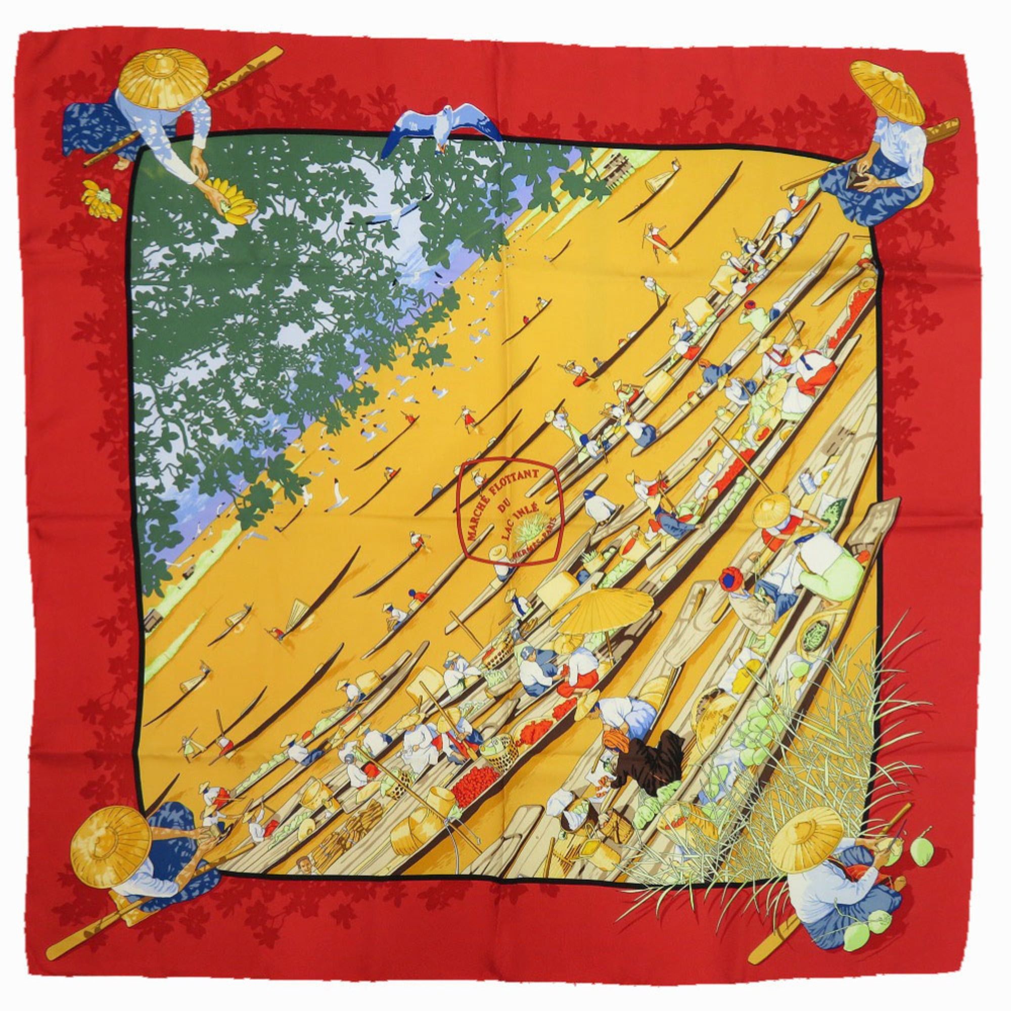 Hermes Excellent condition Hermès Carré 90 MARCHE FLOTTANT DU LAC INLE silk scarf/muffler in red, orange, and green from the floating market on Inle Lake. 1117HERMES Size ONE SIZE - 1 Thumbnail