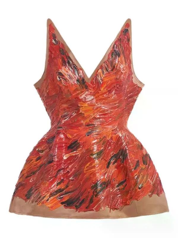 Marni o1w1db10426 Paint-Splatter V-Neck Dress in Red Size L / US 10 / IT 46 - 1 Thumbnail
