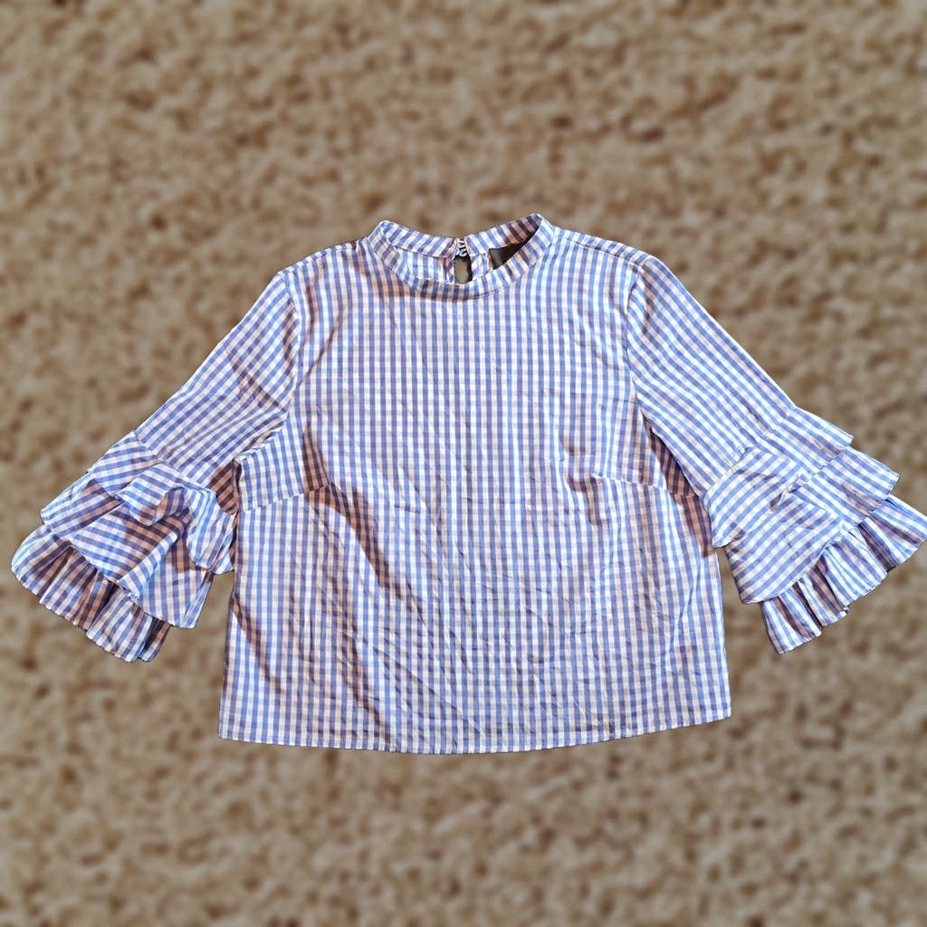 Vintage Sunday In Brooklyn Blouse Shirt Womens Large Blue White Gingham Plaid Cropped Casual 3/4 Sleeve Round Neck Lightweight Easy Care Size L / US 10 / IT 46 - 1 Thumbnail