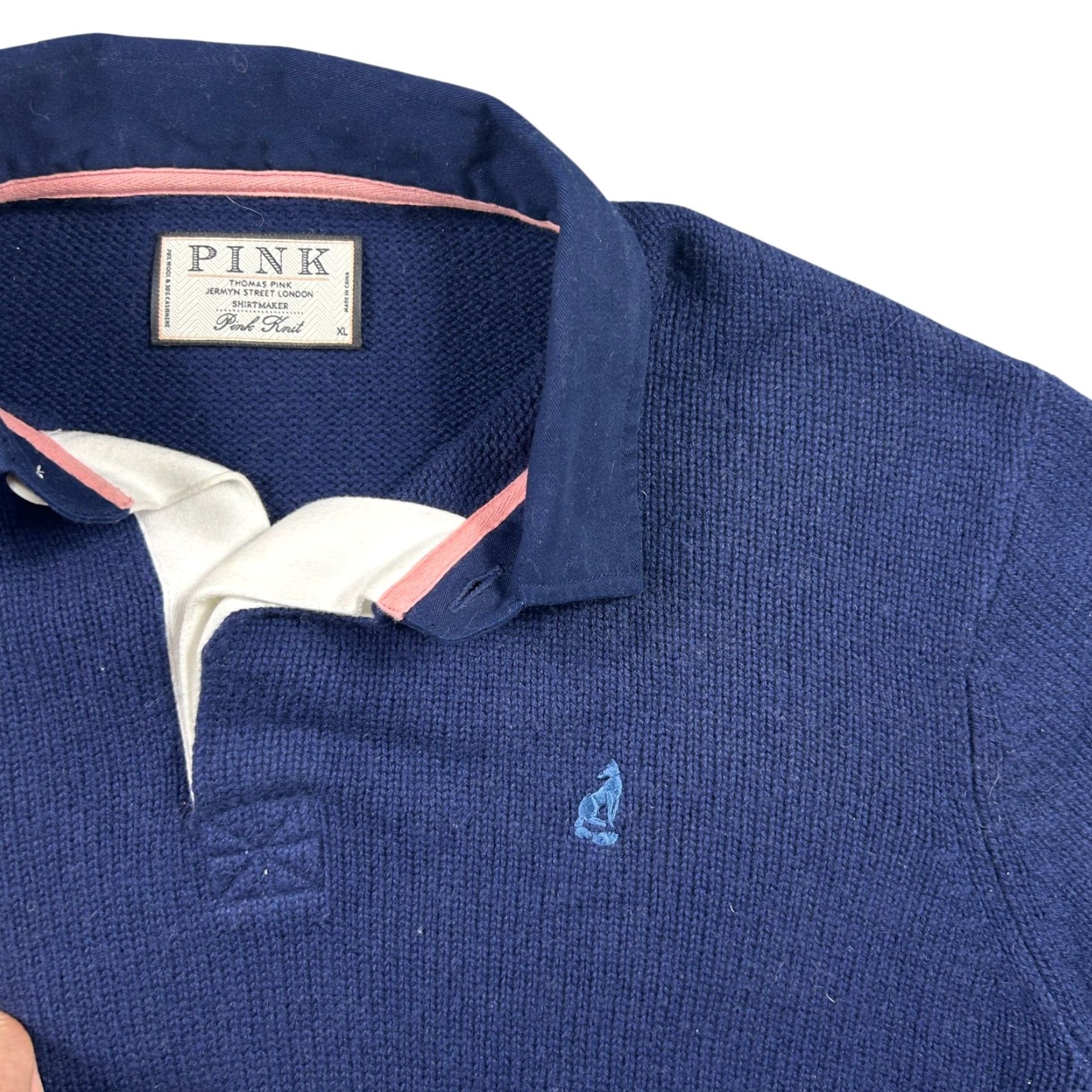Pinko Thomas Pink Sweater Mens XL Blue Cashmere Wool Knit Long Sleeve Embroidered Size US XL / EU 56 / 4 - 2 Thumbnail