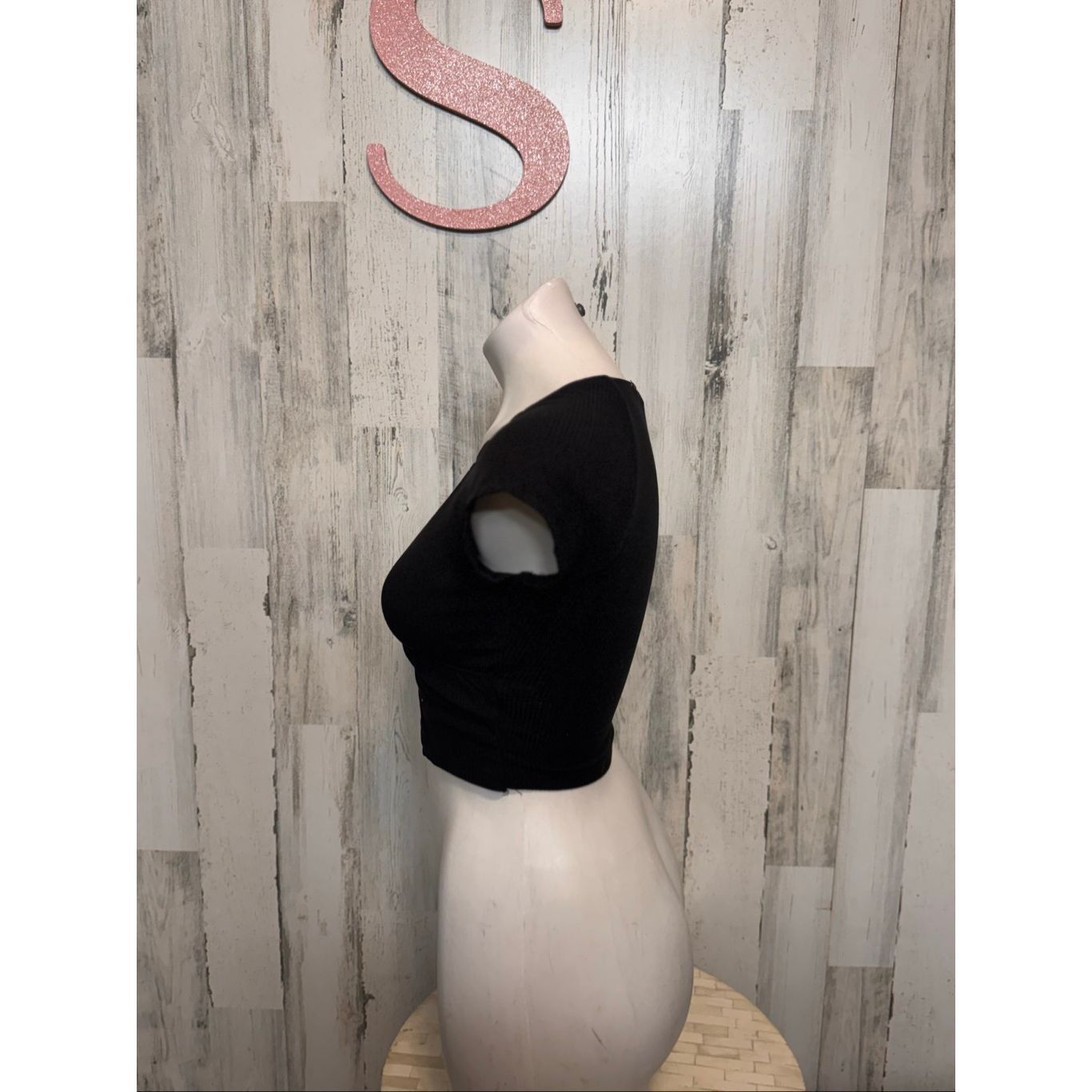 Other Pink Rose Black Ribbed Wrap Crop Top – Size S Size S / US 4 / IT 40 - 5 Thumbnail