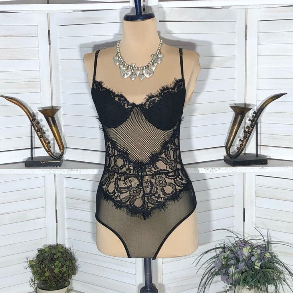 Vintage Y2K Bustier Bodysuit Lace Sheer Mesh Floral Black sz S Size ONE SIZE - 5 Thumbnail
