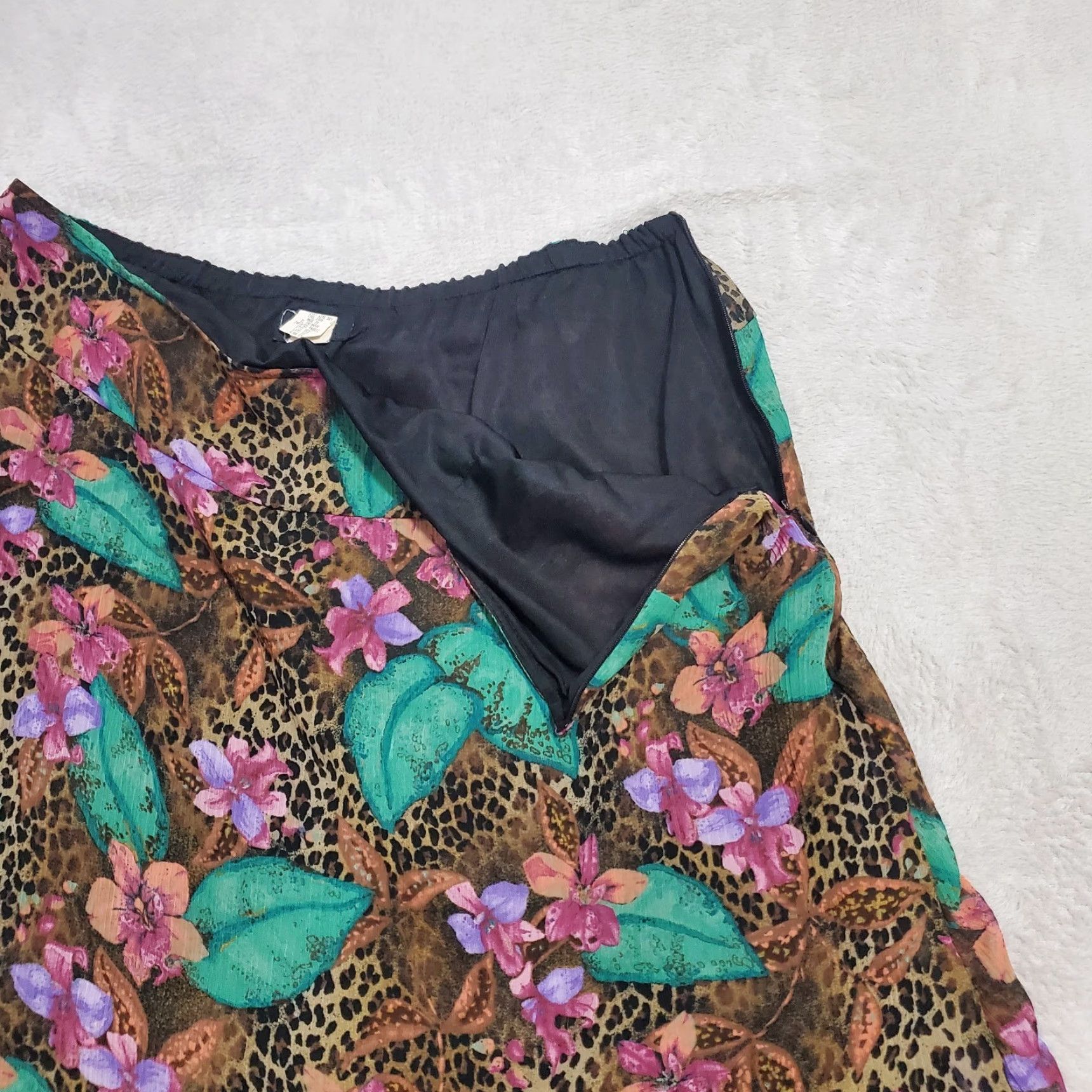 Vintage RQT Skirt Women L Brown Animal Tropical Floral Print A-Line Side Zip Lined FLAW Size 36" / US 14 / IT 50 - 4 Thumbnail