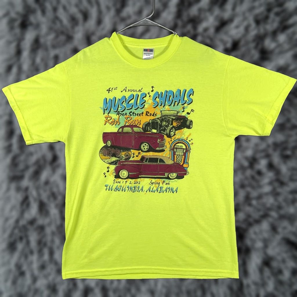 Jerzees Jerzees Shirt Mens Large Yellow Muscle Shoals Rod Run 2012 Tee Car Show Jukebox Graphic Print Muscle Shoals Alabama Vintage No N/A Size US L / EU 52-54 / 3 - 1 Thumbnail