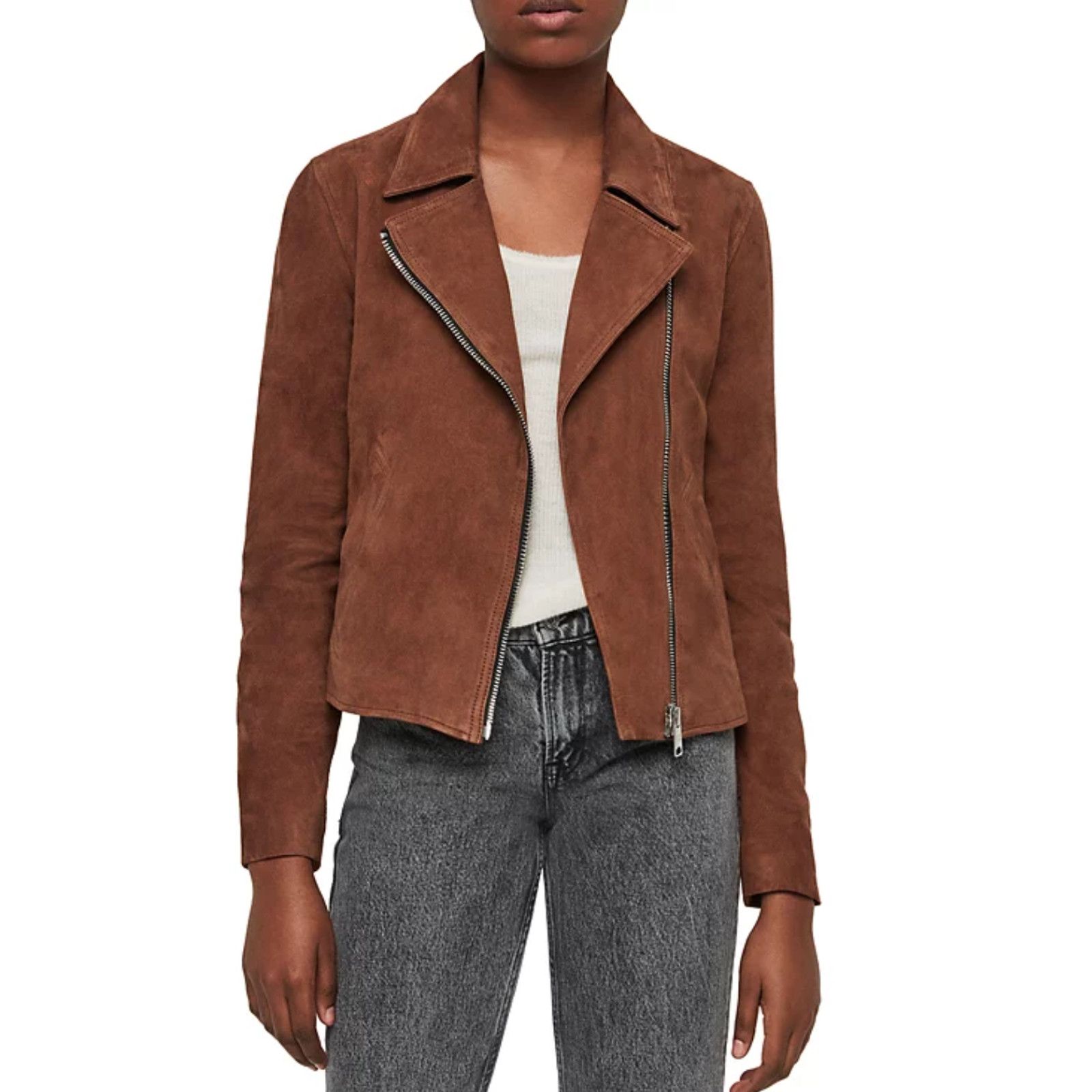Allsaints Allsaints Women Vela Suede Biker Jacket Conker Brown Size 2 Size XS / US 0-2 / IT 36-38 - 3 Thumbnail