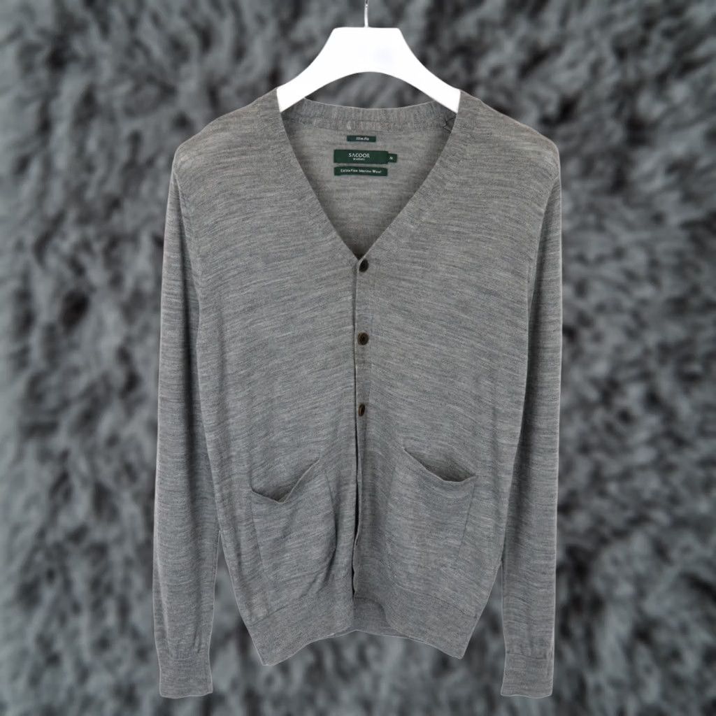 SACOOR BROTHERS Merino Wool Slim Fit Jumper Cardigan M Medium Grey Men