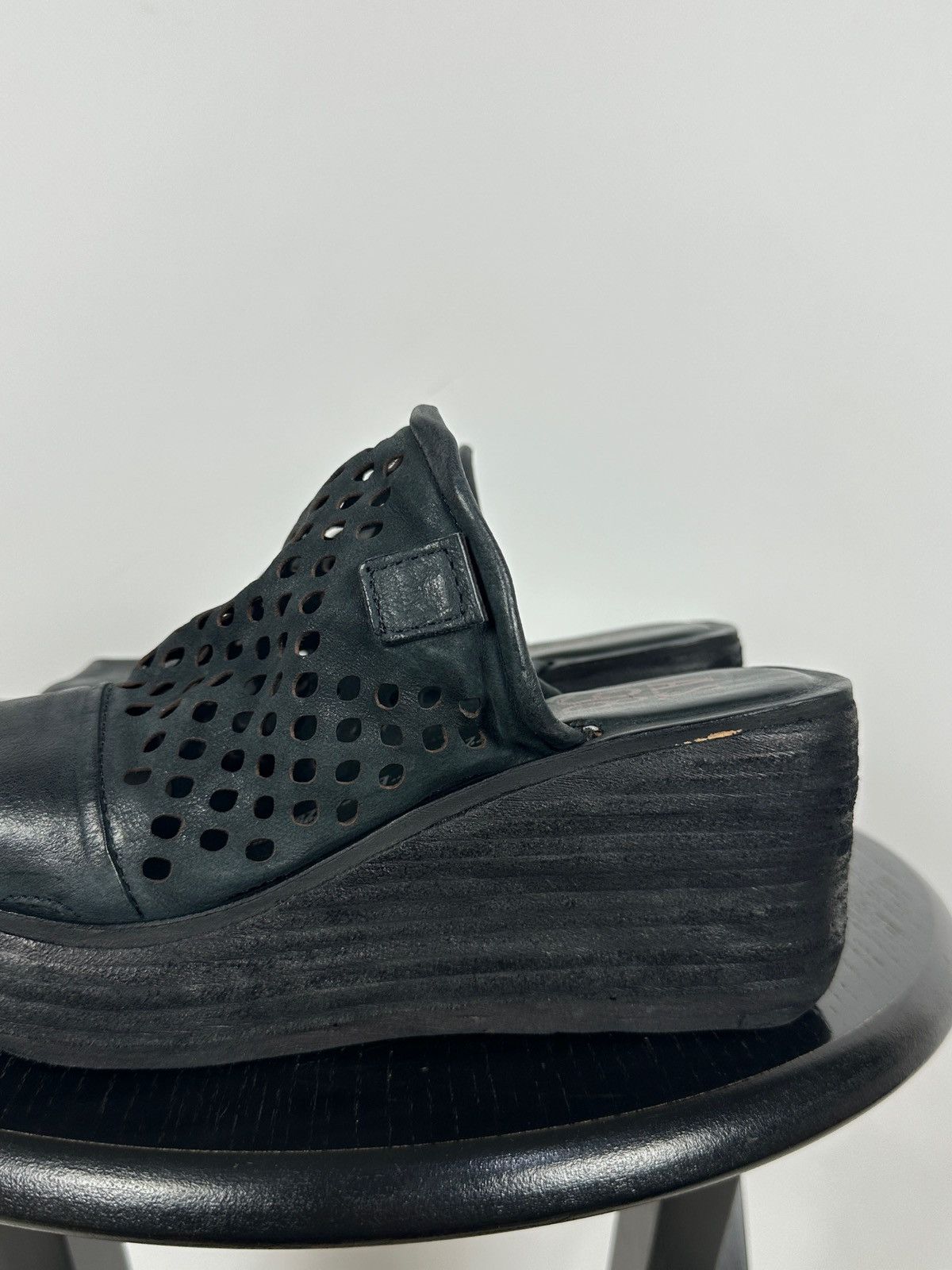 A.S.98 A.S.98 Black Perforated Leather Platform Slide Mules Sandals Size US 7 / IT 37 - 13 Thumbnail