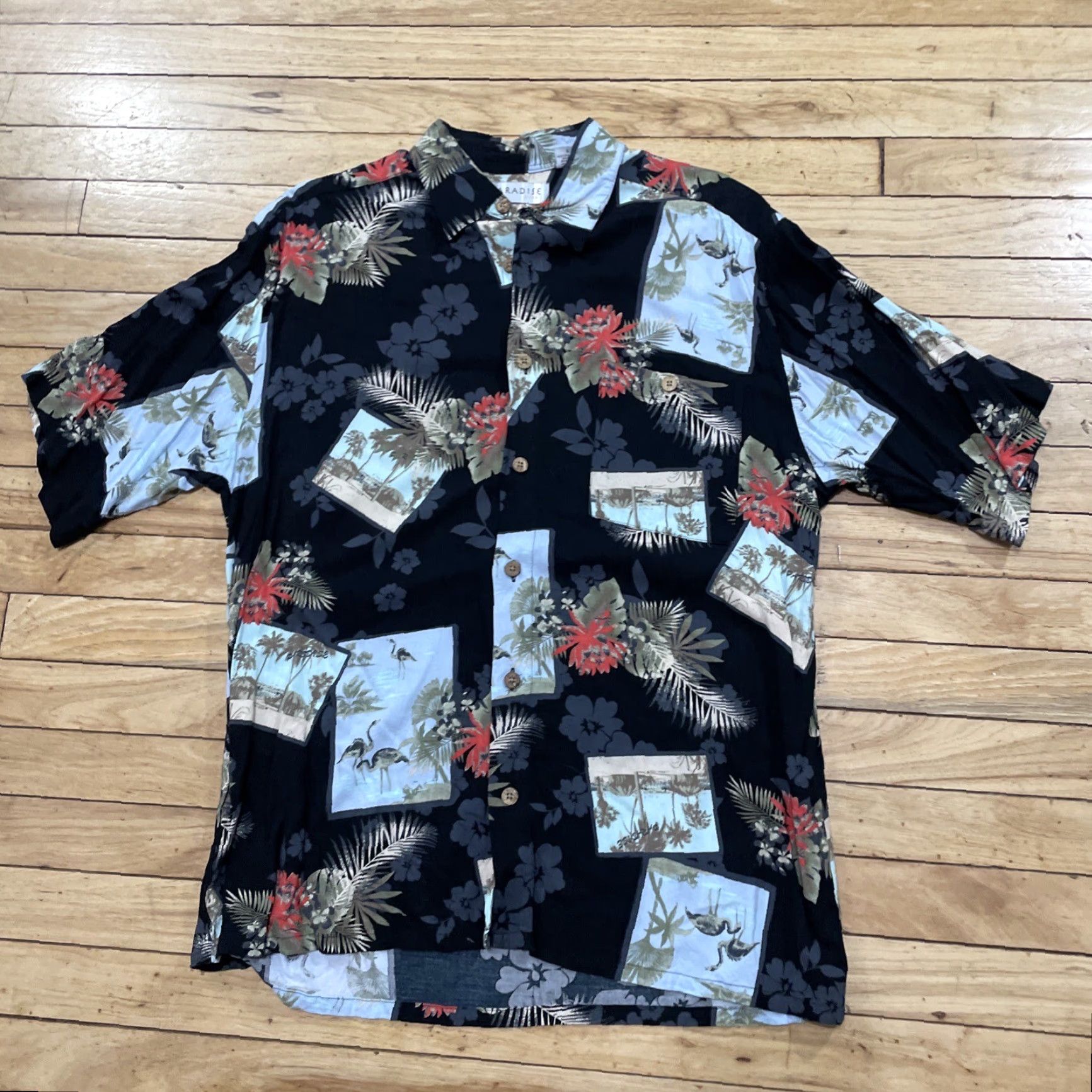 Paradise PARADISE AXIS Hawaiian Rayon Shirt Men L Floral Crane Stork Egret Button-Up, Short Sleeve, Multicolor, 100% Viscose, Casual Shirt Mens Size US L / EU 52-54 / 3 - 2 Thumbnail