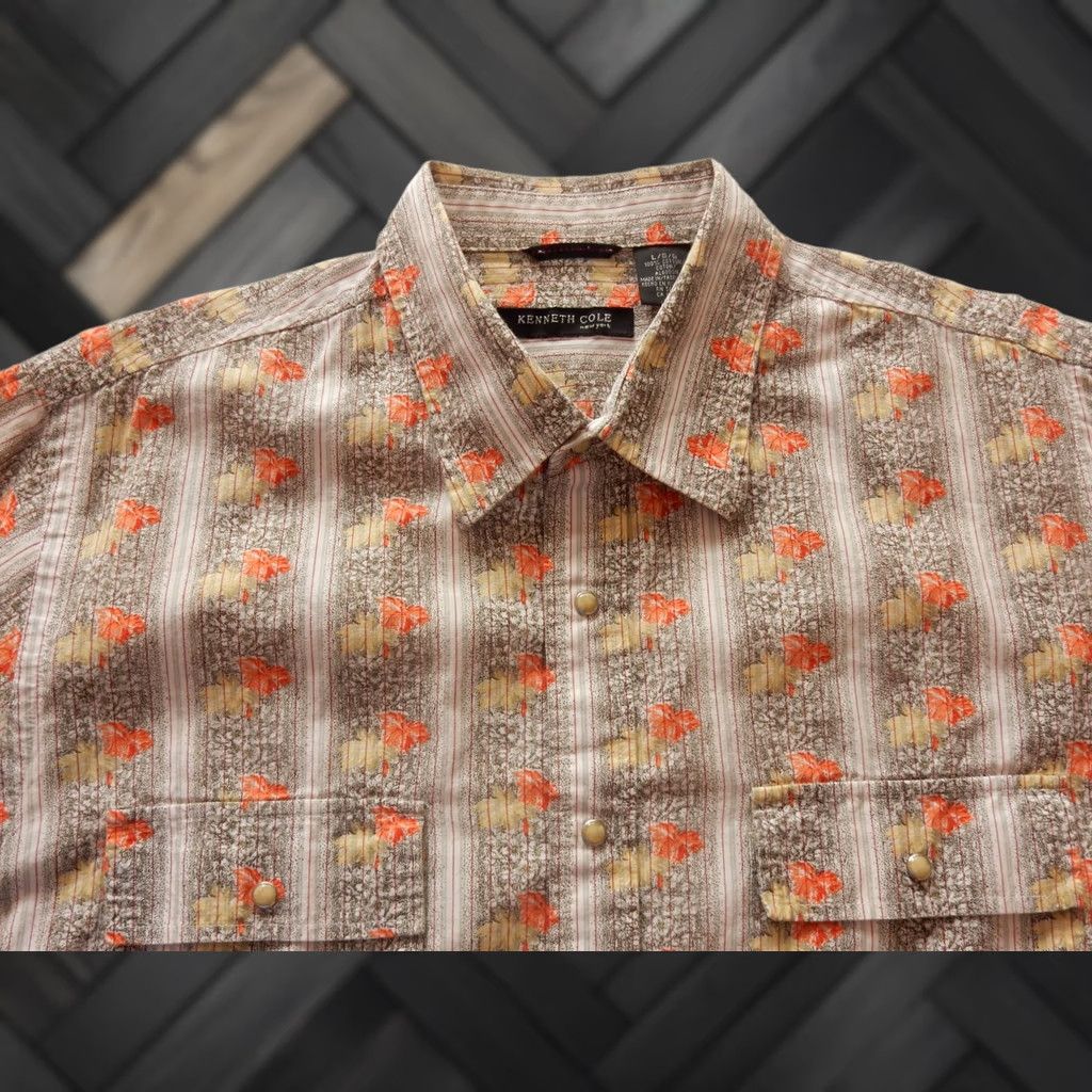 Kenneth Cole Kenneth Cole Men's Button-Up Shirt Short Sleeve Floral Beige Cotton Denim L Men合彩 Size US L / EU 52-54 / 3 - 1 Thumbnail