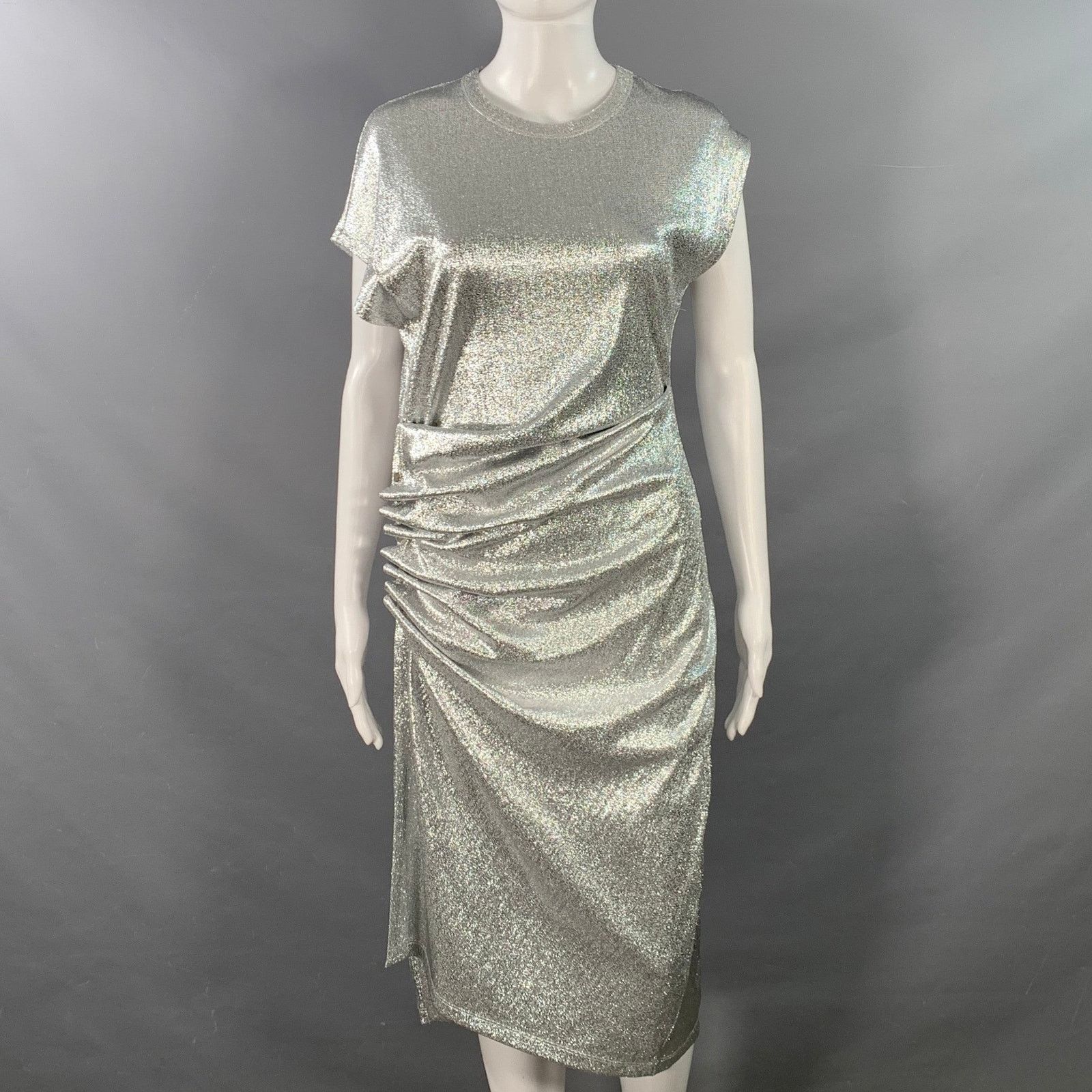 Paco Rabanne Silver Viscose Cap Sleeves Asymmetrical Midi Cocktail Dress Size S / US 4 / IT 40 - 1 Thumbnail