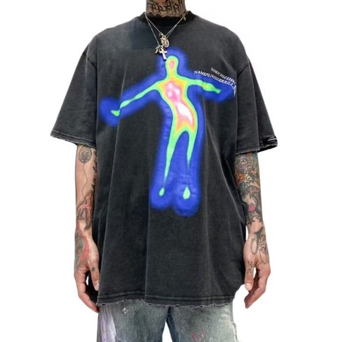 image of Vintage Dancing Neon Alien Print Graphic T-Shirt in Black, Men's (Size Medium)