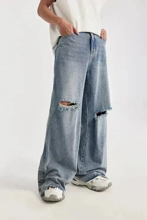 Jean Distressed Baggy Wide Leg Denim Jeans Size US 34 / EU 50 - 7 Thumbnail