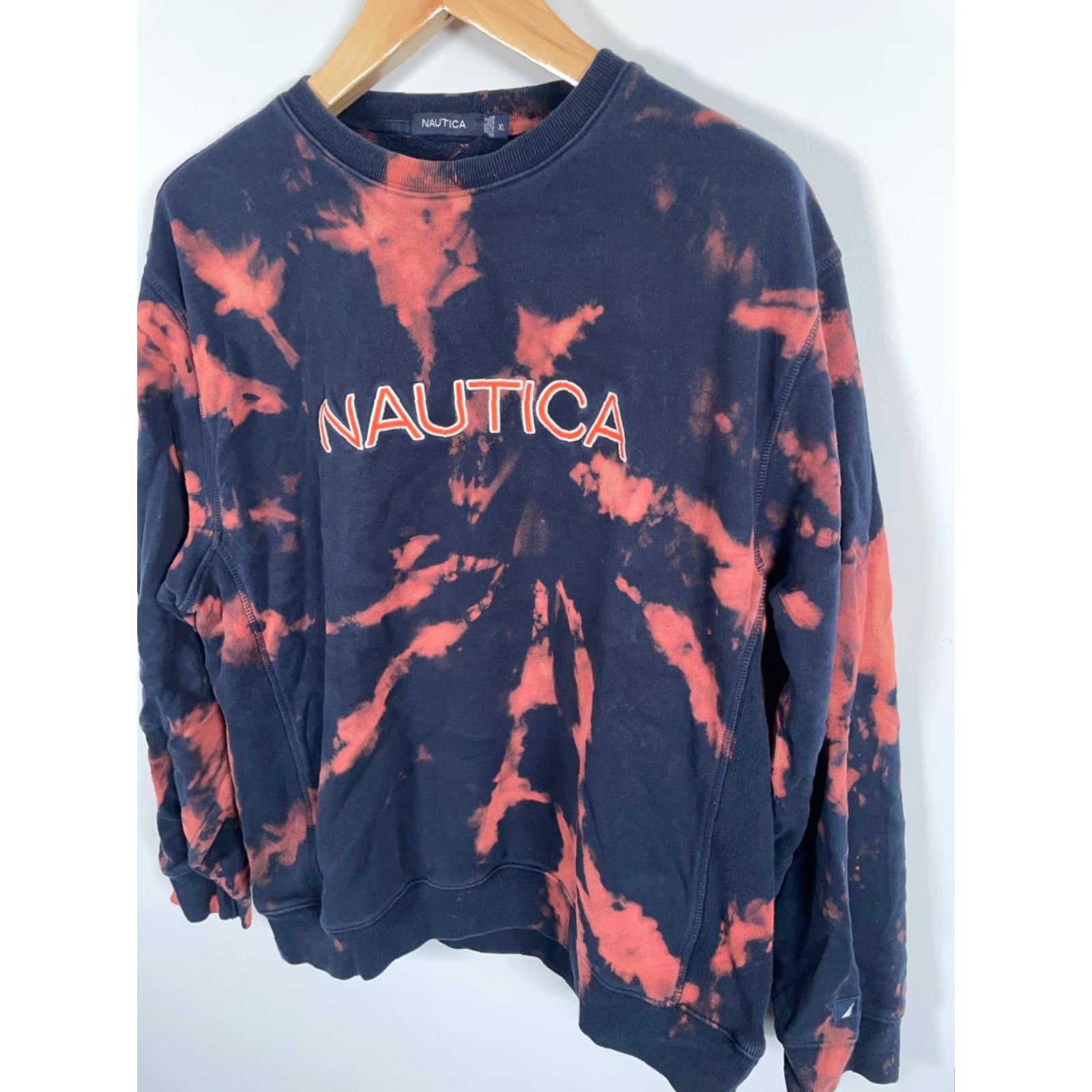 Nautica Nautica Sweatshirt Men's XL Dark Blue Orange Bleach Tie Dye Spell Out Crewneck Vintage Graphic Print Pullover Hoodie? Size US XL / EU 56 / 4 - 4 Thumbnail